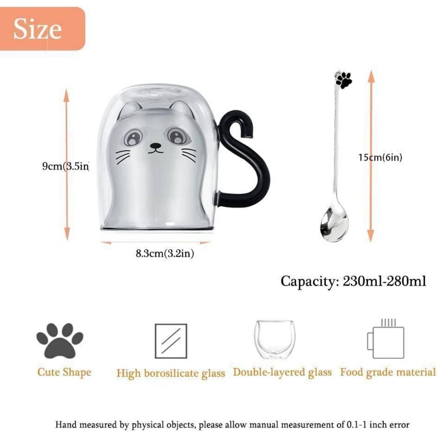 Größenbeschreibung von katzenförmigen Glasbecher und Löffel. Maße: Beckenhöhe 9 cm, Breite 8,3 cm; Löffellänge 15 cm. Füllmenge: 230 ml-280 ml. Eigenschaften: Borosilikatglas von hoher Qualität, doppelwandig, lebensmittelecht.