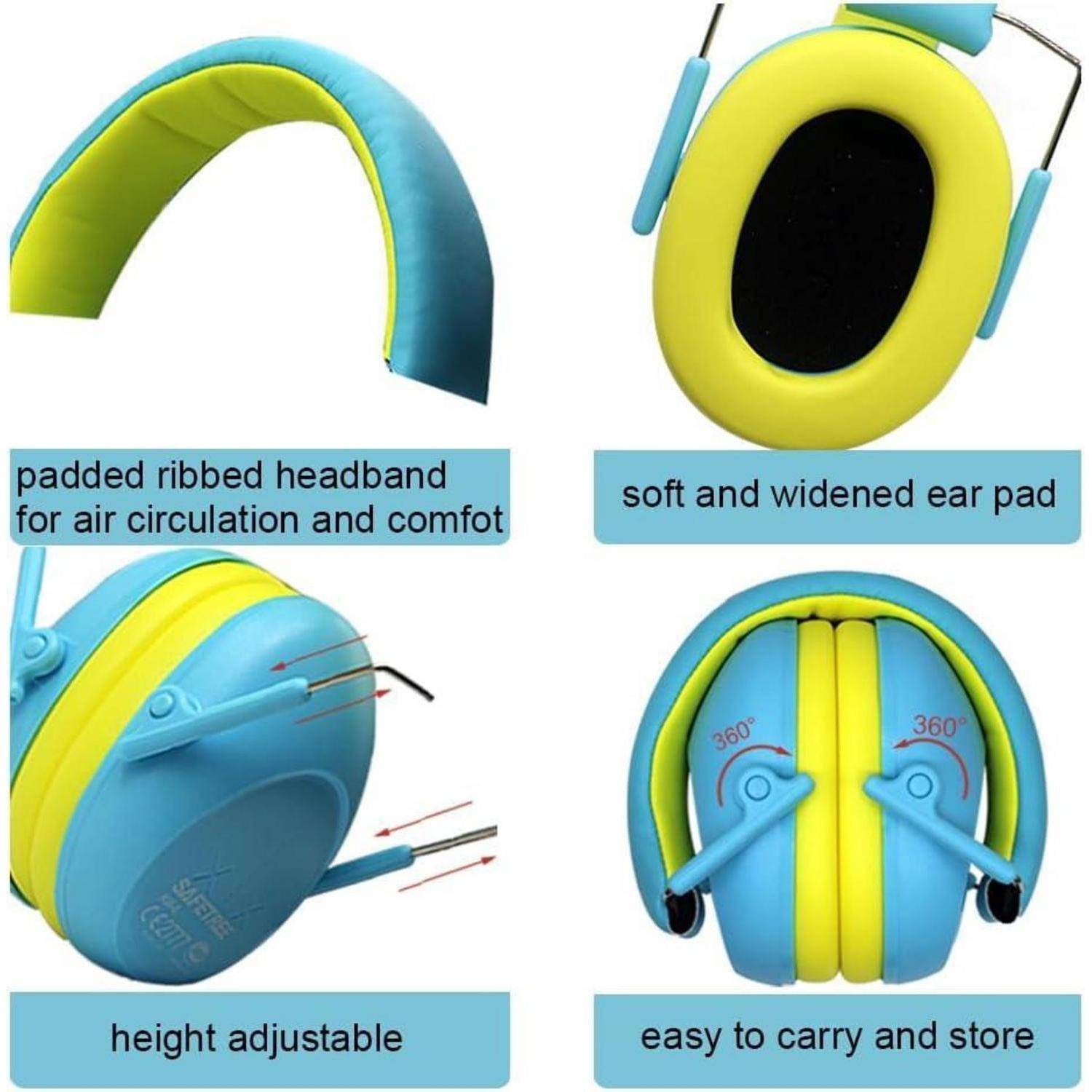 Blaue und gelbe Kopfhörer mit gepolstertem geripptem Kopfbügel für Komfort, weichen Ohrpolstern, verstellbarer Höhe und zusammenklappbar für einfache Transportierbarkeit.
