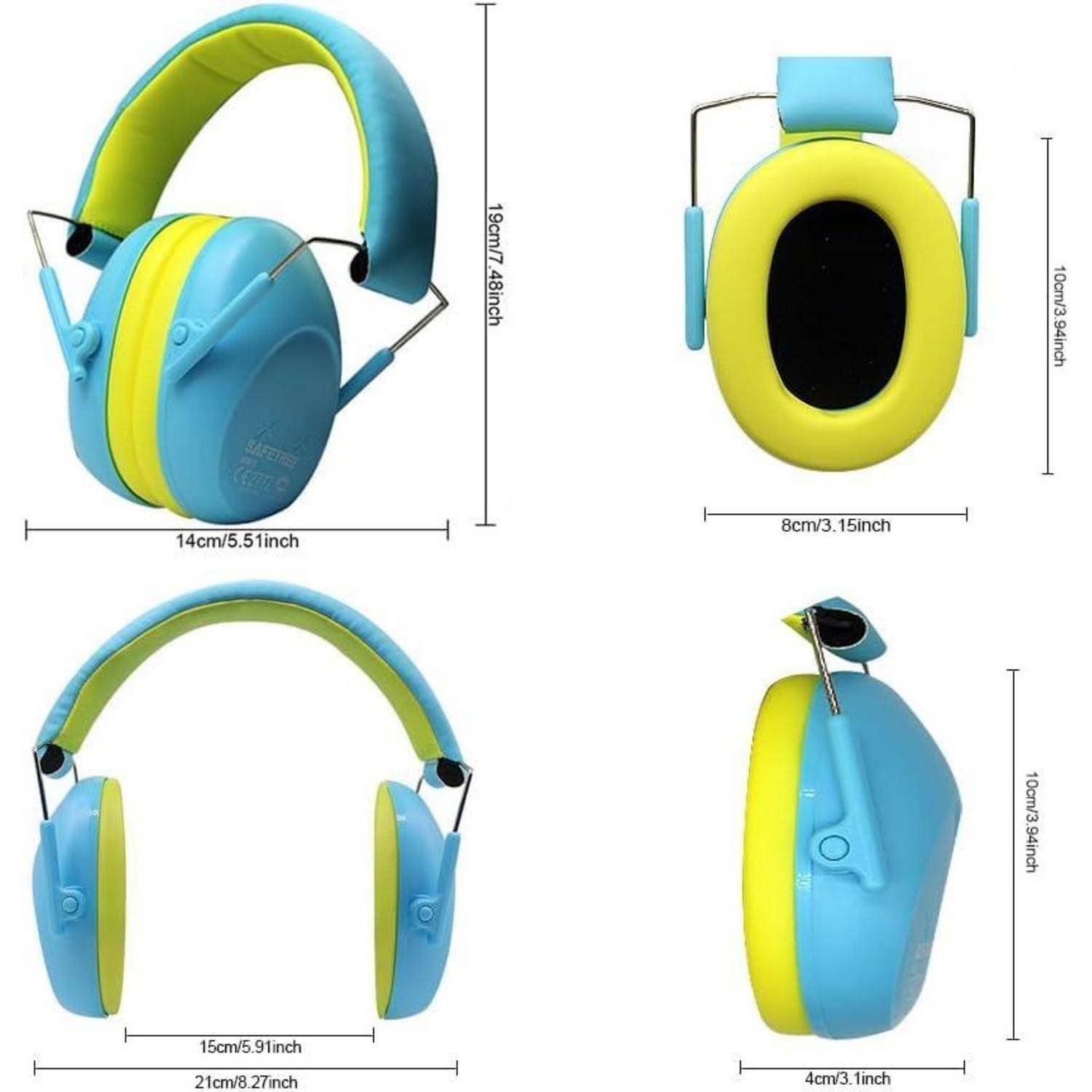 Helle blau-gelbe Over-Ear-Kopfhörer, aus verschiedenen Blickwinkeln gezeigt, mit Abmessungen: 14x15x9 cm, 10 cm Polsterhöhe.