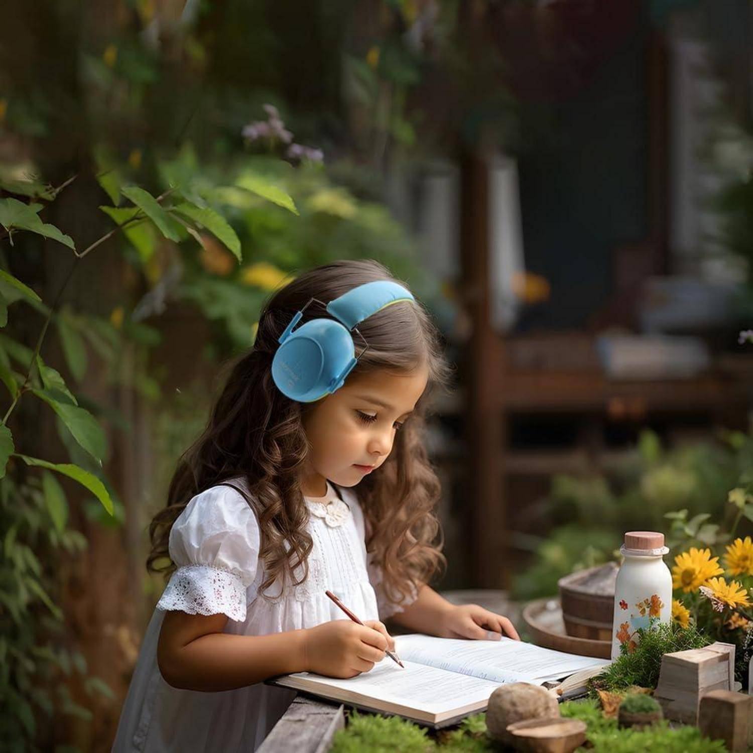 Ein junges Mädchen mit Kopfhörern, vertieft ins Zeichnen an einem Holztisch, umgeben von Blumen, wobei es eine ruhige und konzentrierte Atmosphäre ausstrahlt.