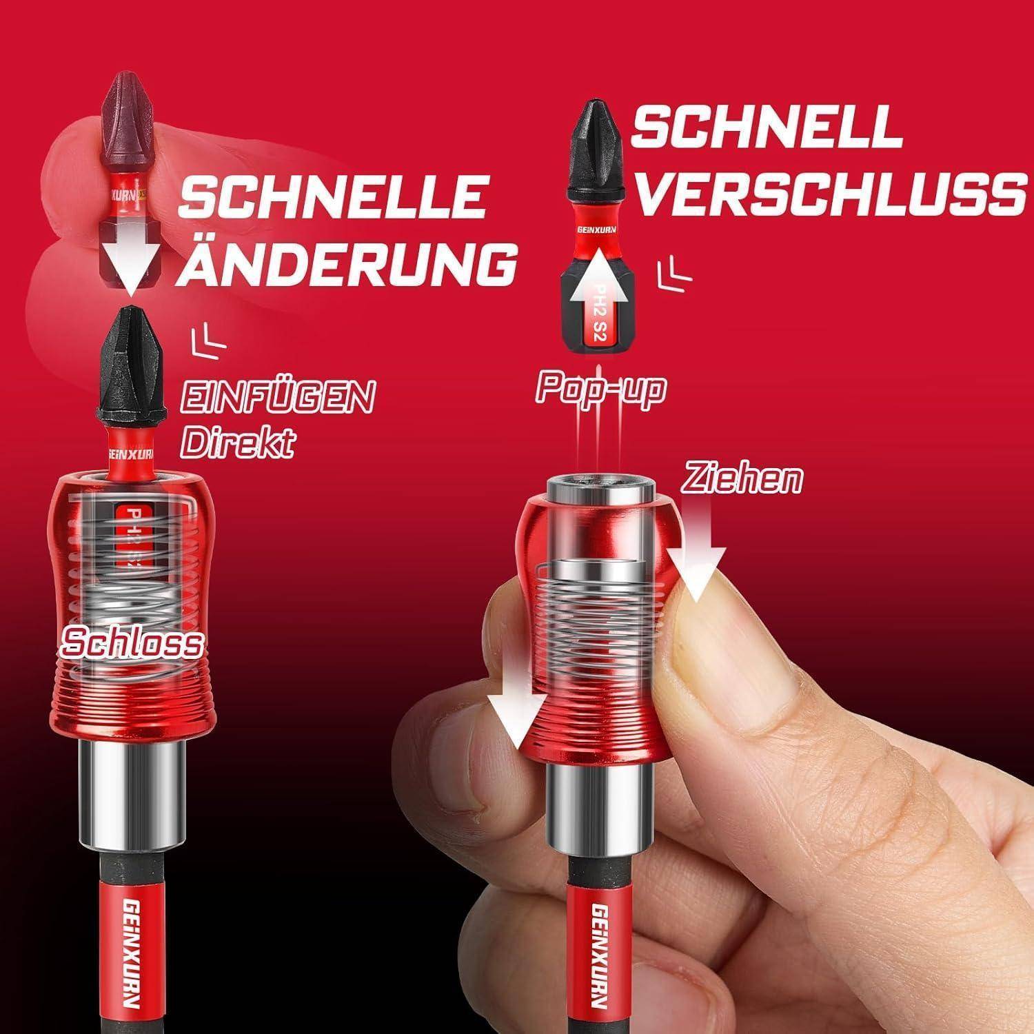 Eine Hand demonstriert einen roten Kabelsperringsmechanismus mit zwei beschrifteten Schritten: 'Schnelle Änderung' und 'Schnell Verschluss'.