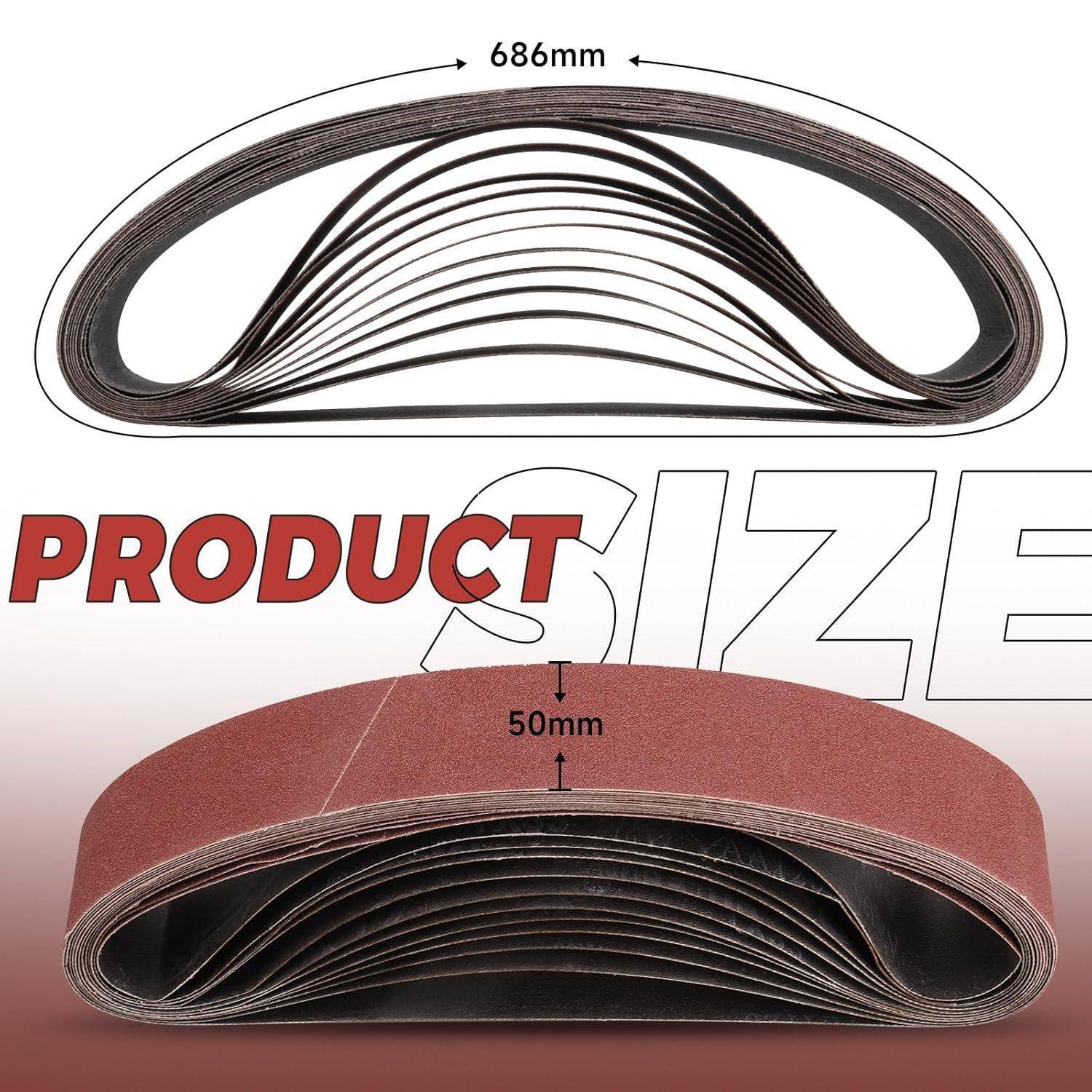 PRODUKTGRÖSSE' Bild, das Schleifbänder zeigt, mit Abmessungen von 686 mm Länge und 50 mm Breite, die deren Größe und Form hervorheben.