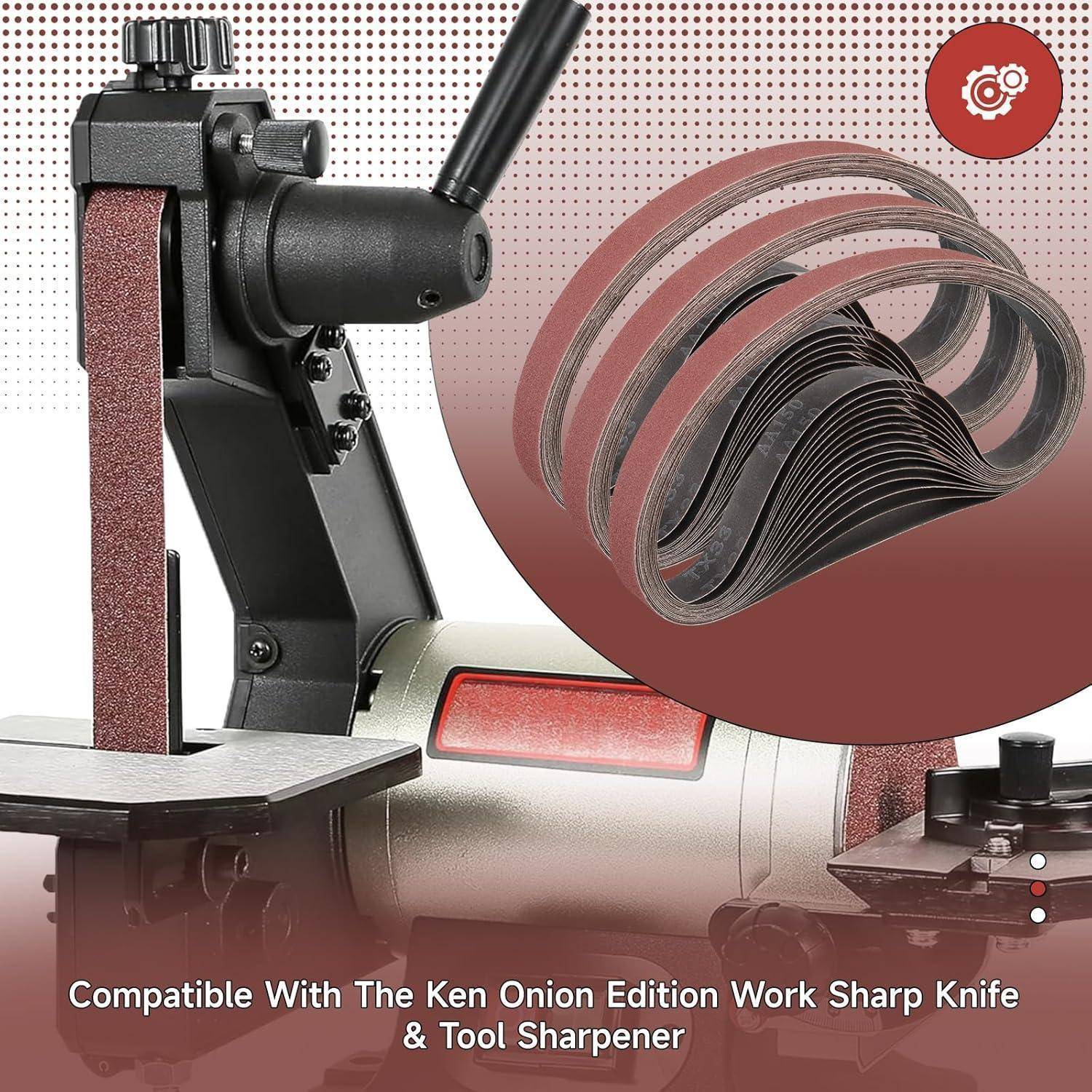 Ein Messerschärfer mit einem roten Schleifband wird gezeigt, der die Kompatibilität mit dem Ken Onion Work Sharp Messer- und Werkzeugschärfer unterstreicht.