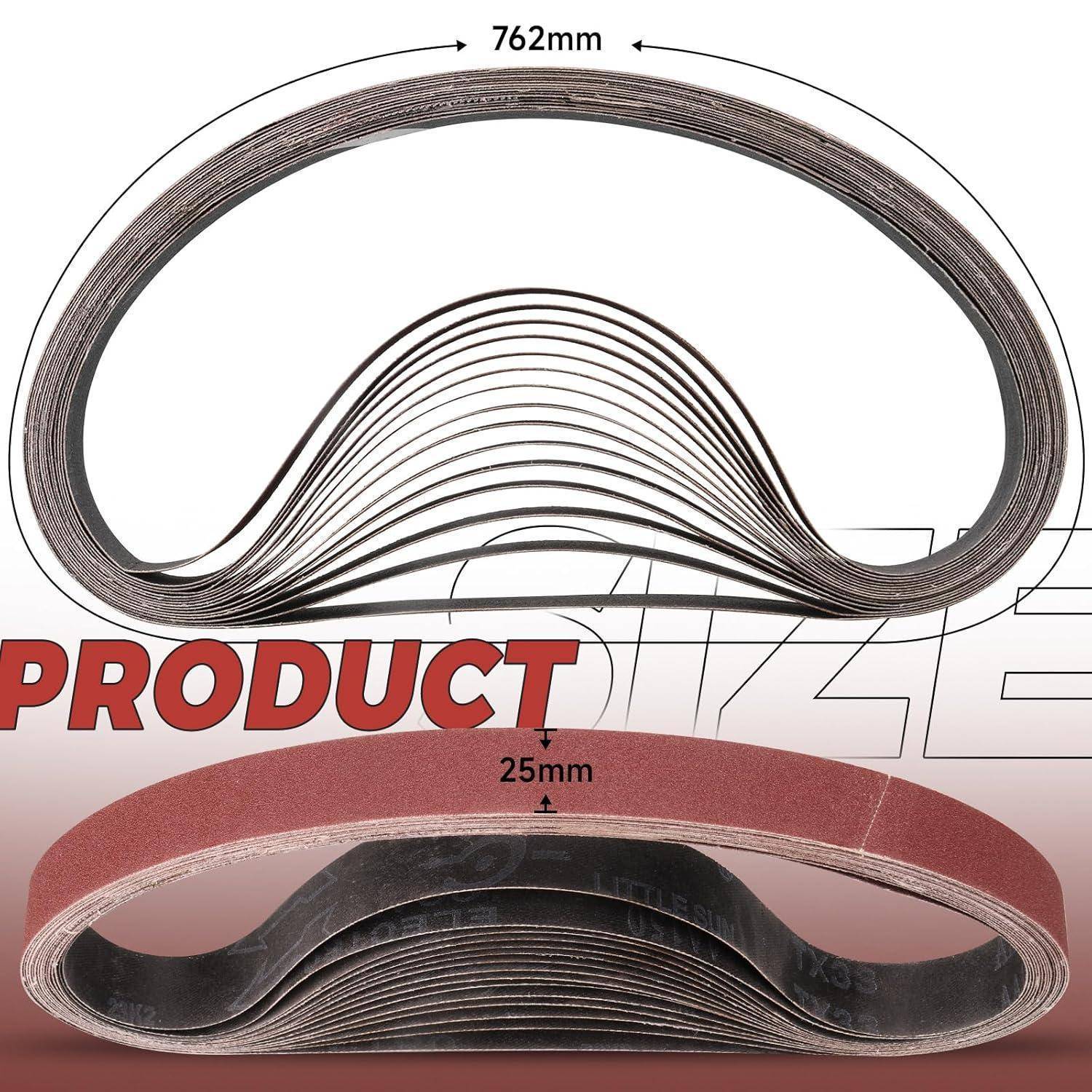 Bündel von Schleifbändern, jeweils 762 mm lang und 25 mm breit, in Bogenform über den Text ‚PRODUKTGRÖSSE' angeordnet.