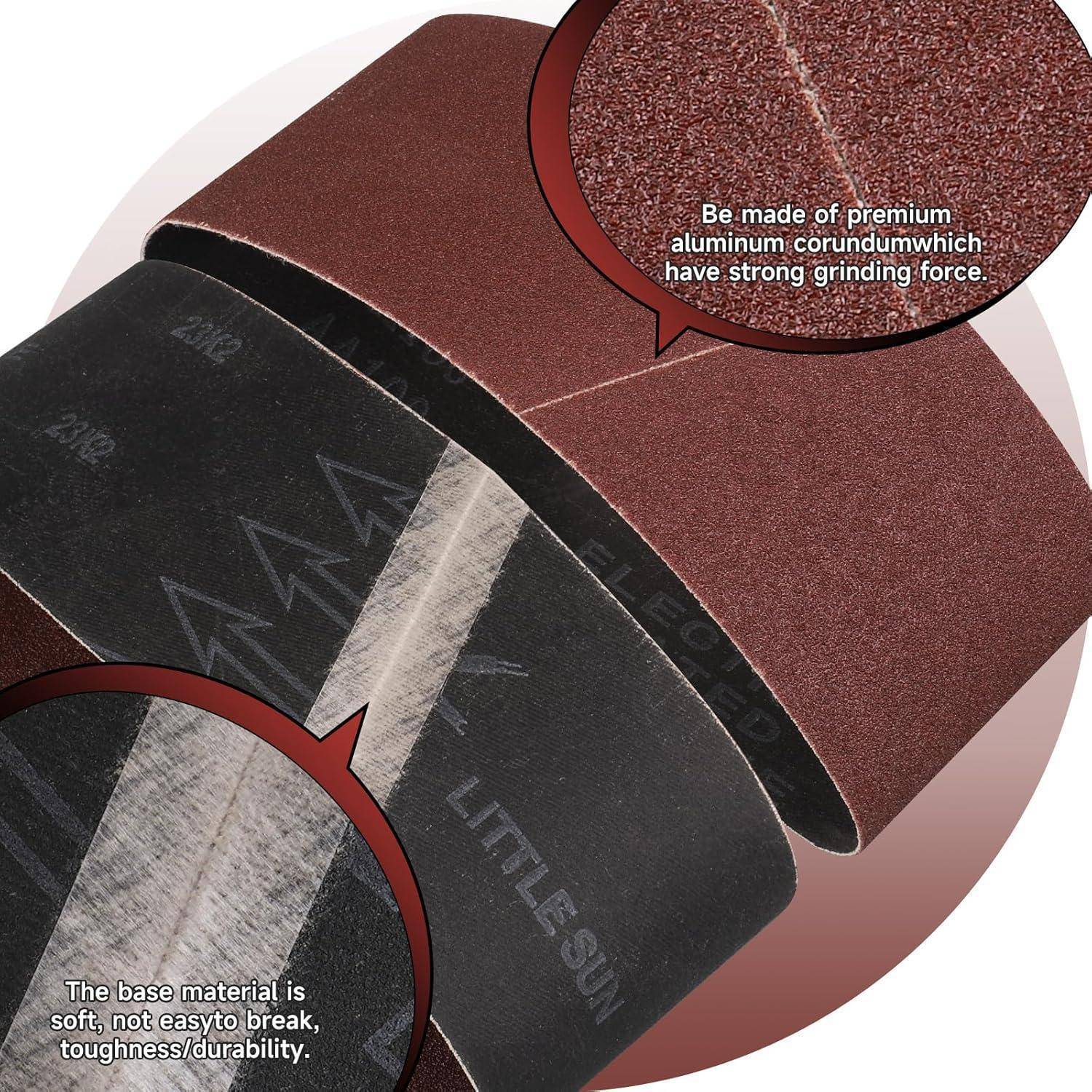 Eine Nahaufnahme von Schleifbändern zeigt die Oberfläche aus hochwertigem Aluminiumkorund für kraftvolles Schleifen. Das Grundmaterial ist robust und weich.