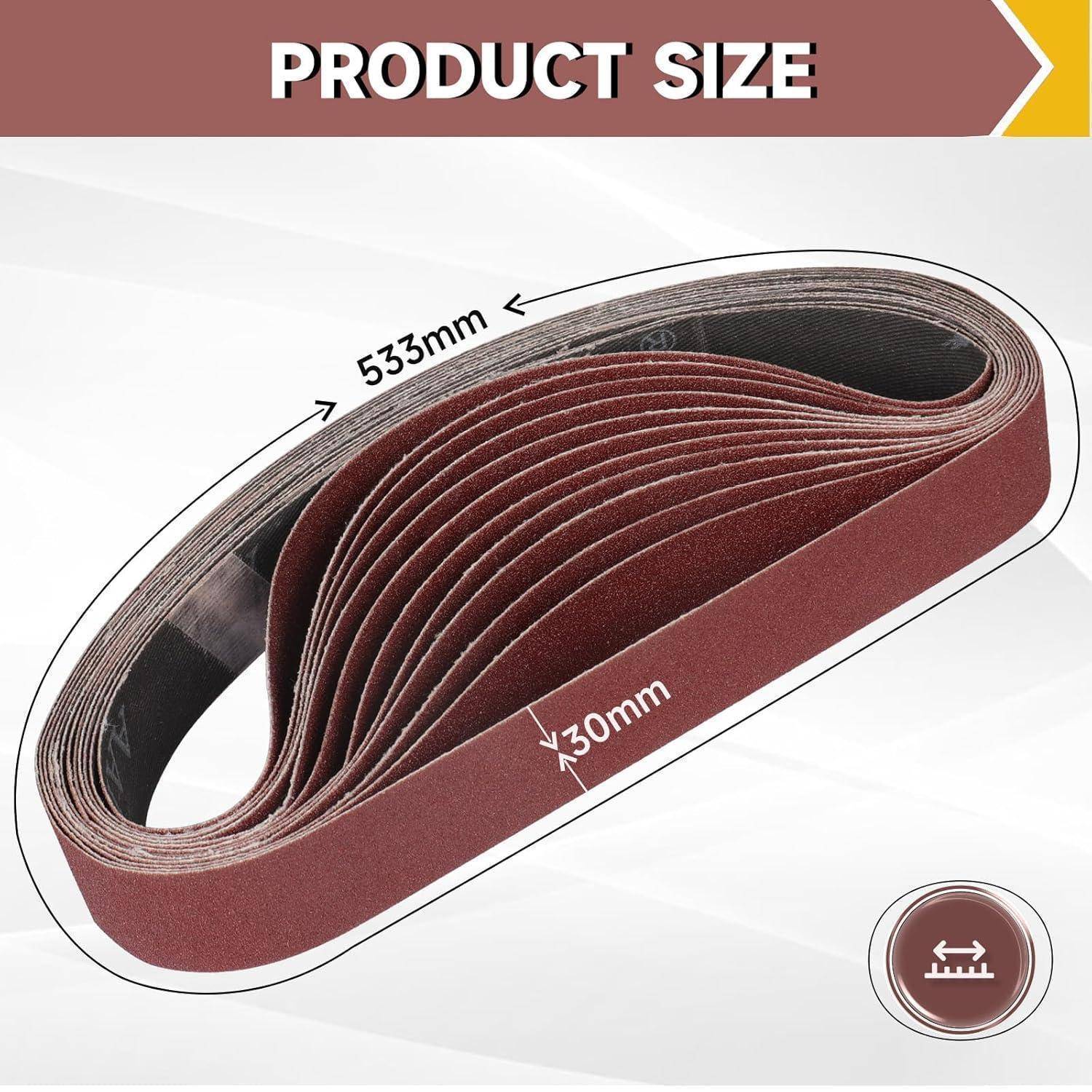 Ein Produktbild, das einen endlosen Schleifgürtel zeigt. Die Abmessungen sind mit 533 mm Länge und 30 mm Breite beschriftet.