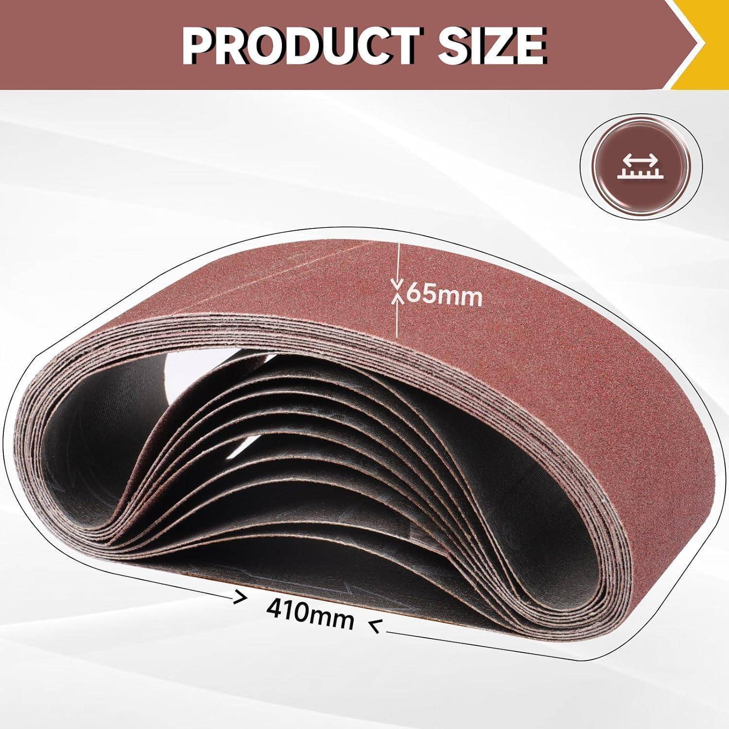 Die Abbildung zeigt Schleifpapierrollen mit einer Länge von 410 mm und einer Breite von 65 mm, die oben mit 