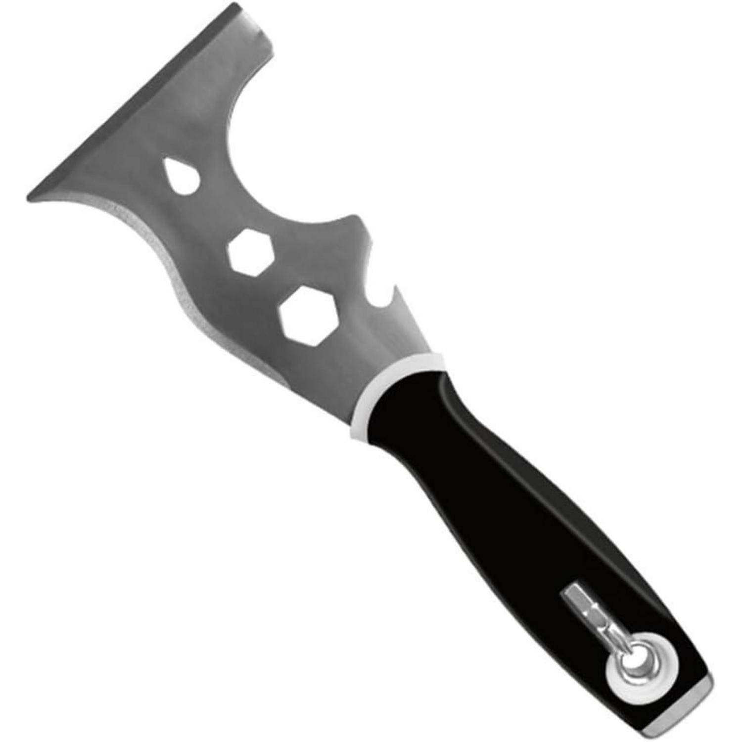 Ein schwarzer Multitool-Spachtel mit einer Metallklinge, die verschiedene Ausschnittformen aufweist und für die Entfernung von Farbe und Abschaber-Aufgaben entwickelt wurde.
