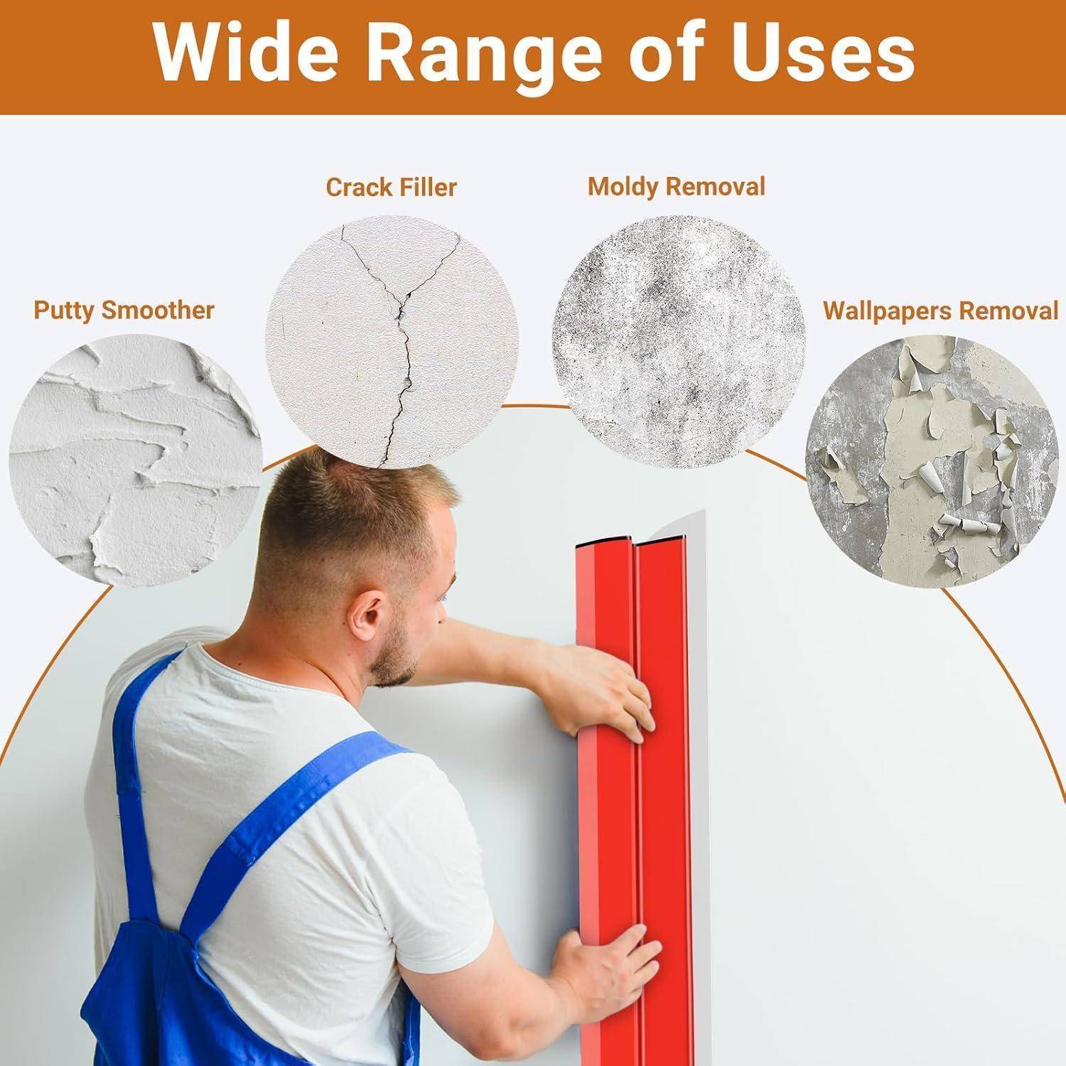 ‚Vielseitige Einsatzmöglichkeiten': Mann in blauer Arbeitskleidung demonstriert ein rotes Spachtelwerkzeug. Bilder zeigen Anwendungen wie Spachtelglättung, Rissausbesserung, Schimmel- und Tapetenenfernung.