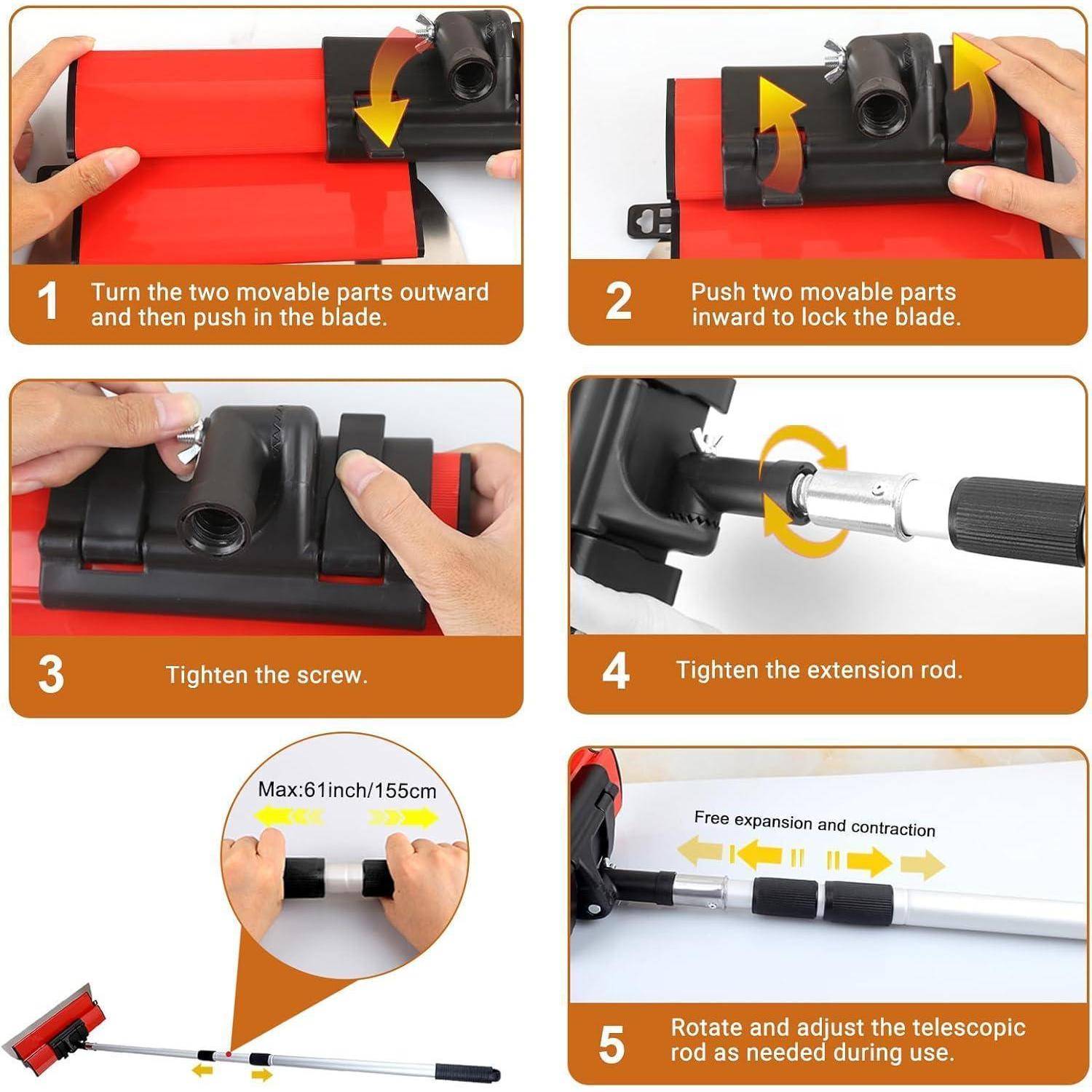 Eine Anleitung zum Zusammenbau einer Teleskopstange: 1) Teile nach außen bewegen, hineinschieben, 2) Klinge verriegeln, 3) Schraube festziehen, 4) Stange ausziehen, 5) Länge einstellen.