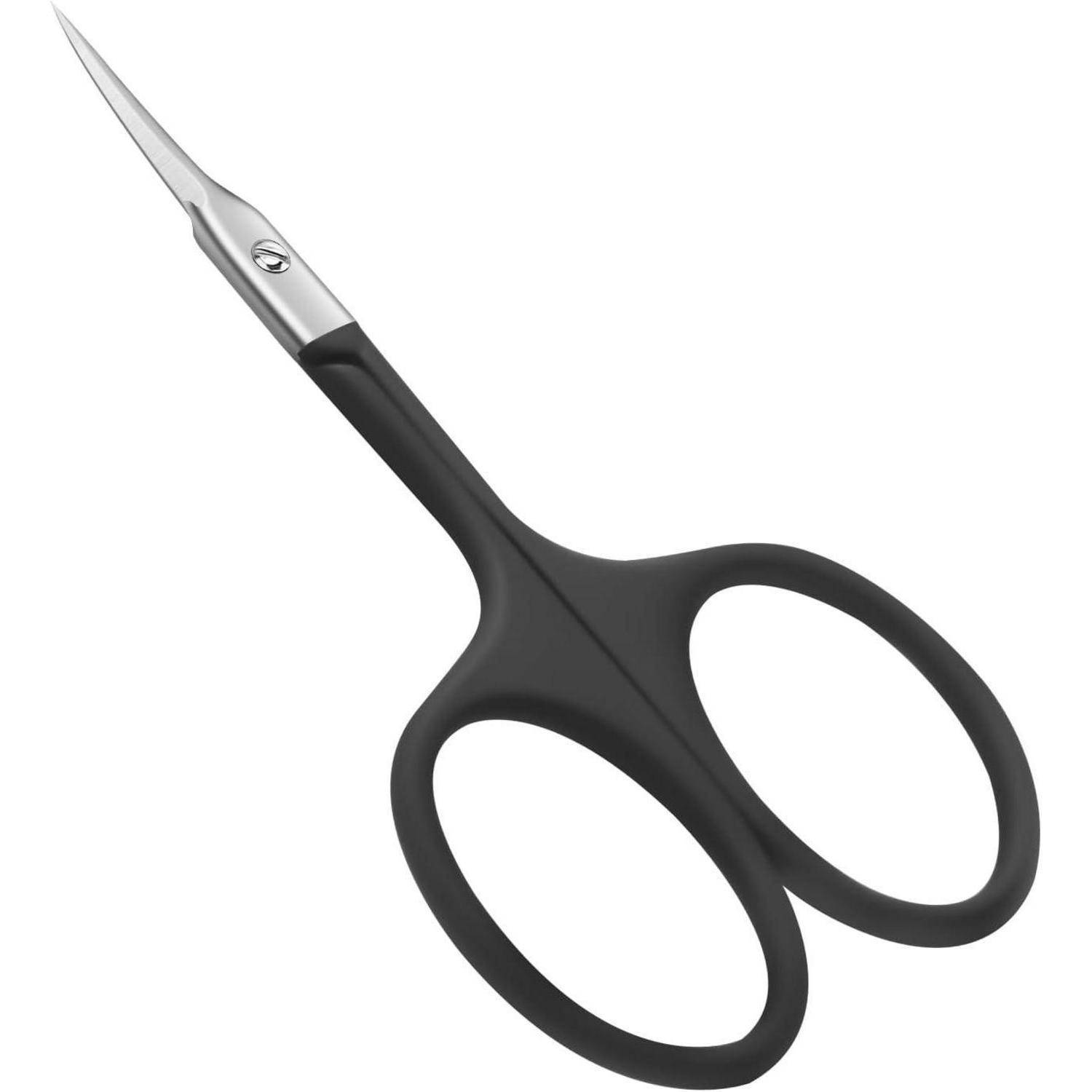 Kleine Schere mit schwarzem Griff und einer scharfen, gebogenen Klinge, die für Präzisionsaufgaben wie das Schneiden von Stoff oder Nägeln konzipiert ist.