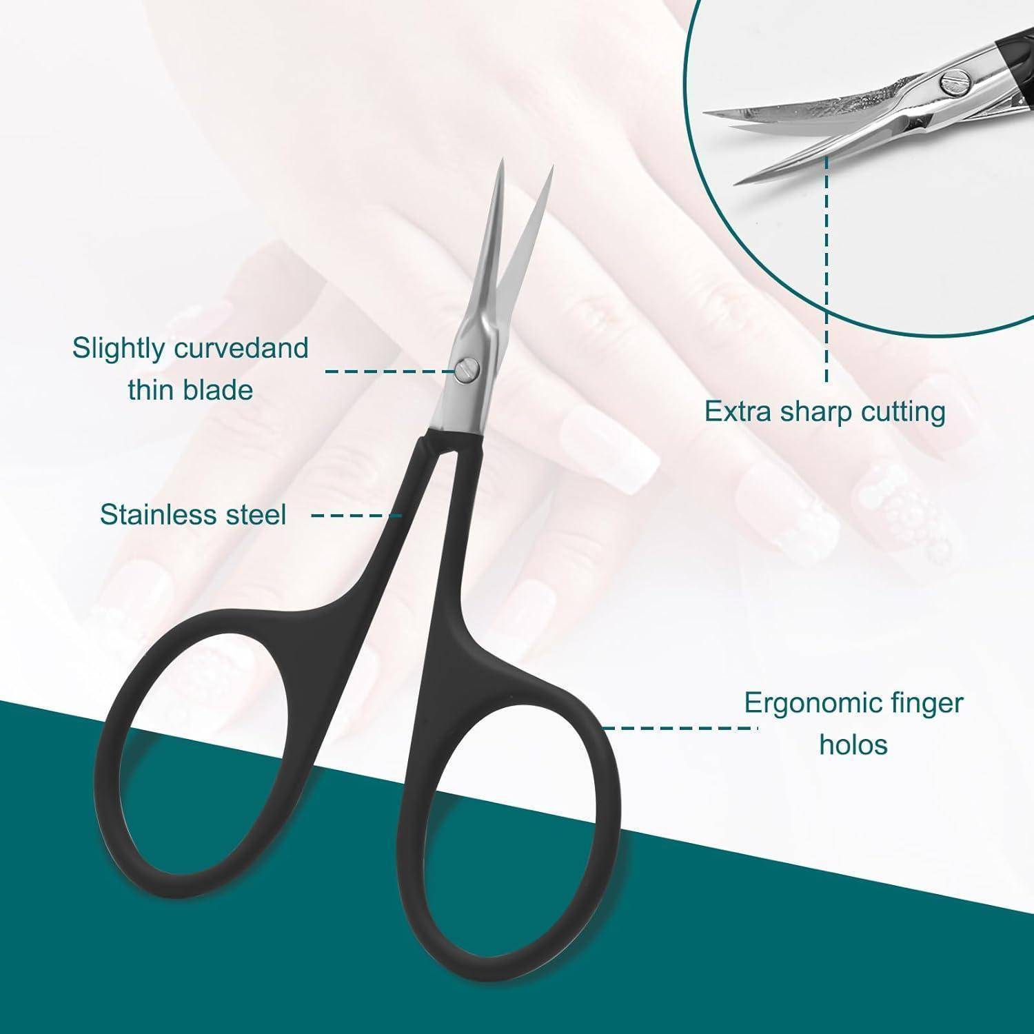 Schwarze Schere mit ergonomischen Fingerlöchern und einer leicht gekrümmten, besonders scharfen Klinge aus Edelstahl für präzises Schneiden.