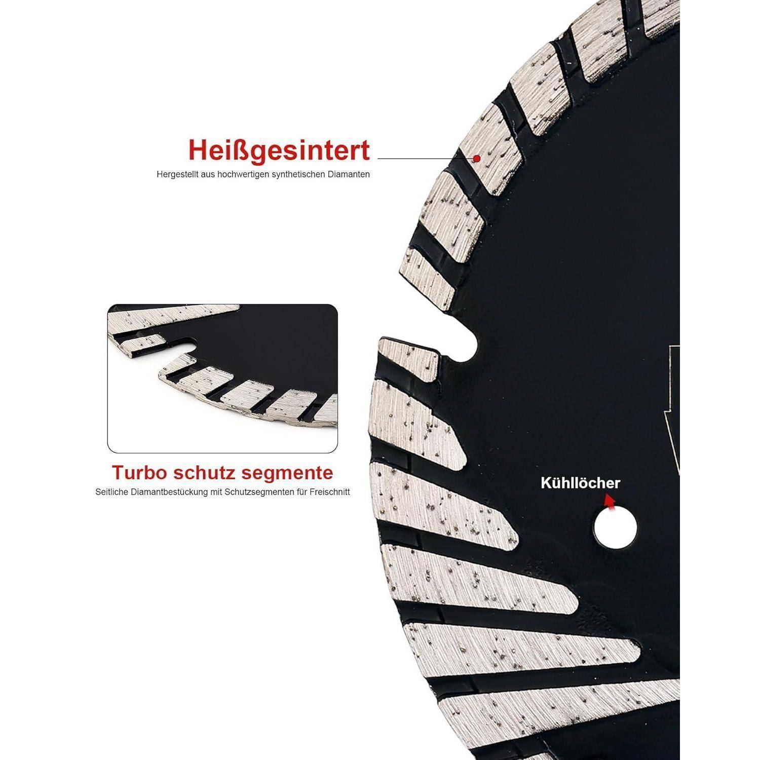 Eine Nahaufnahme eines Kreissägenblatts mit segmentierten Schneidkanten und Kühlungslöchern, beschriftet mit ‚Turbo Schutz Segmente' und ‚Heißgesintert'.