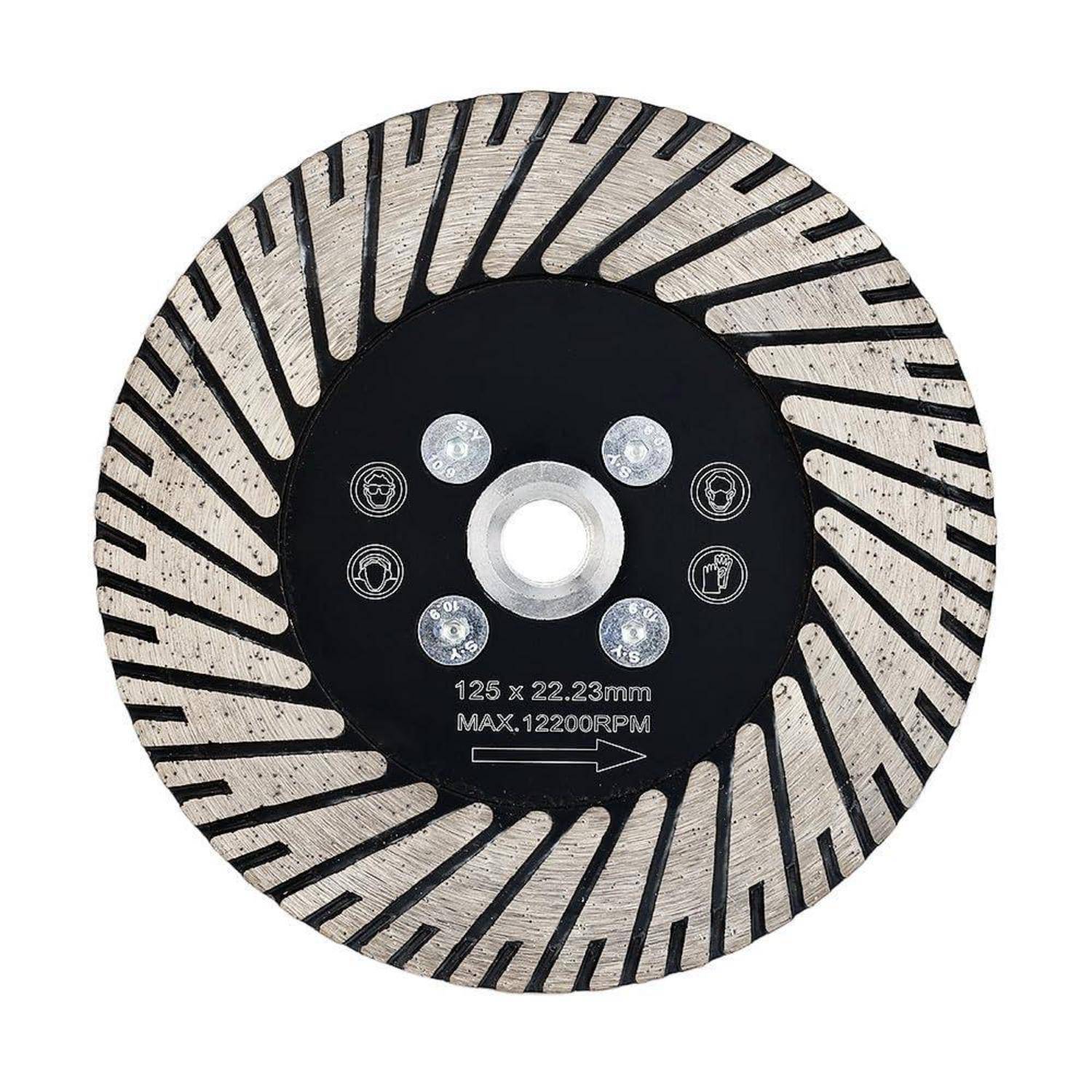 Eine kreisförmige Diamant-Sägeblatt mit Zickzackmuster, beschriftet mit '125 x 22,23 mm MAX 12200 U/min'. Es verfügt über Symbole, die Verwendungsrichtlinien anzeigen.