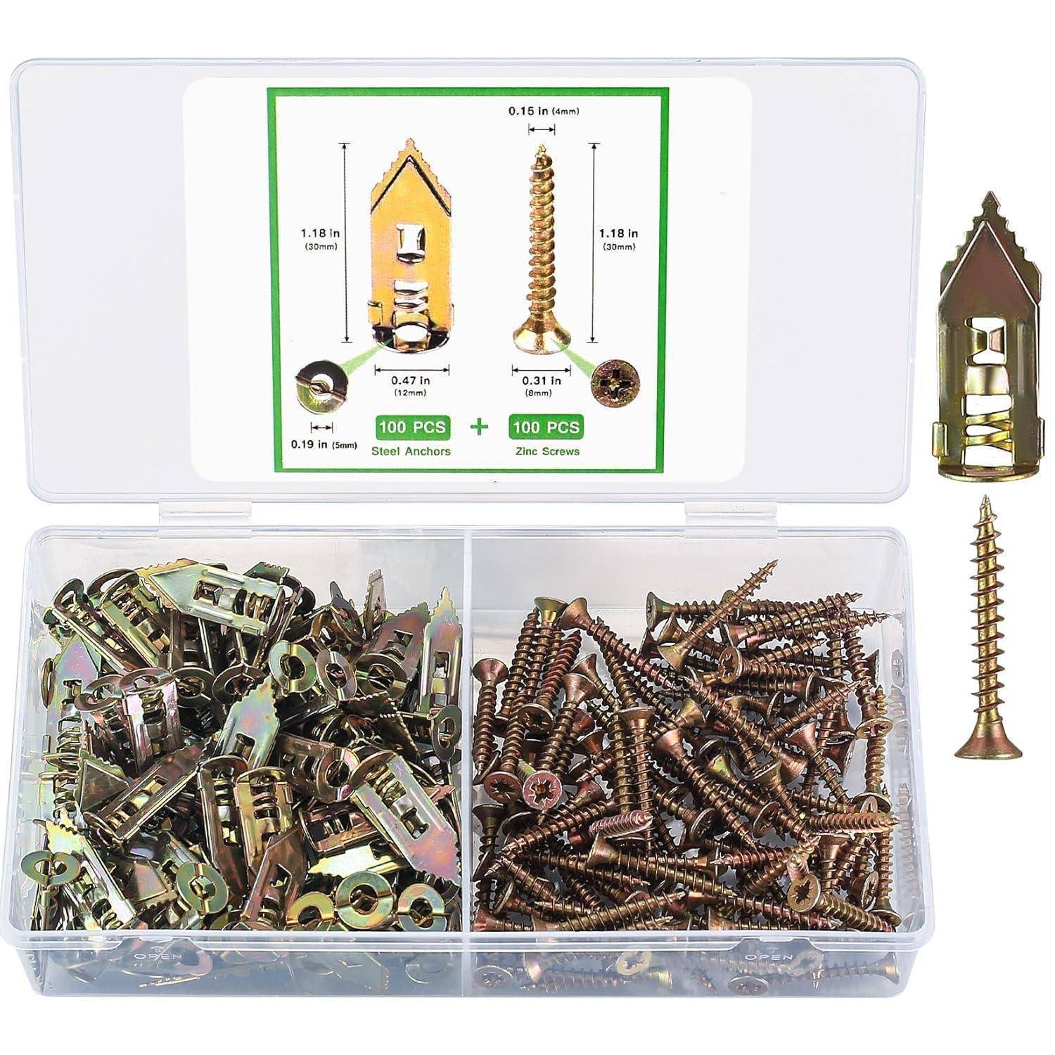 Kunststoff-Wanddübel und Zinkhalteschrauben-Set in einer transparenten Box. Enthält jeweils 100 Stück Dübel und Schrauben mit einem Durchmesser von 0,19 Zoll.