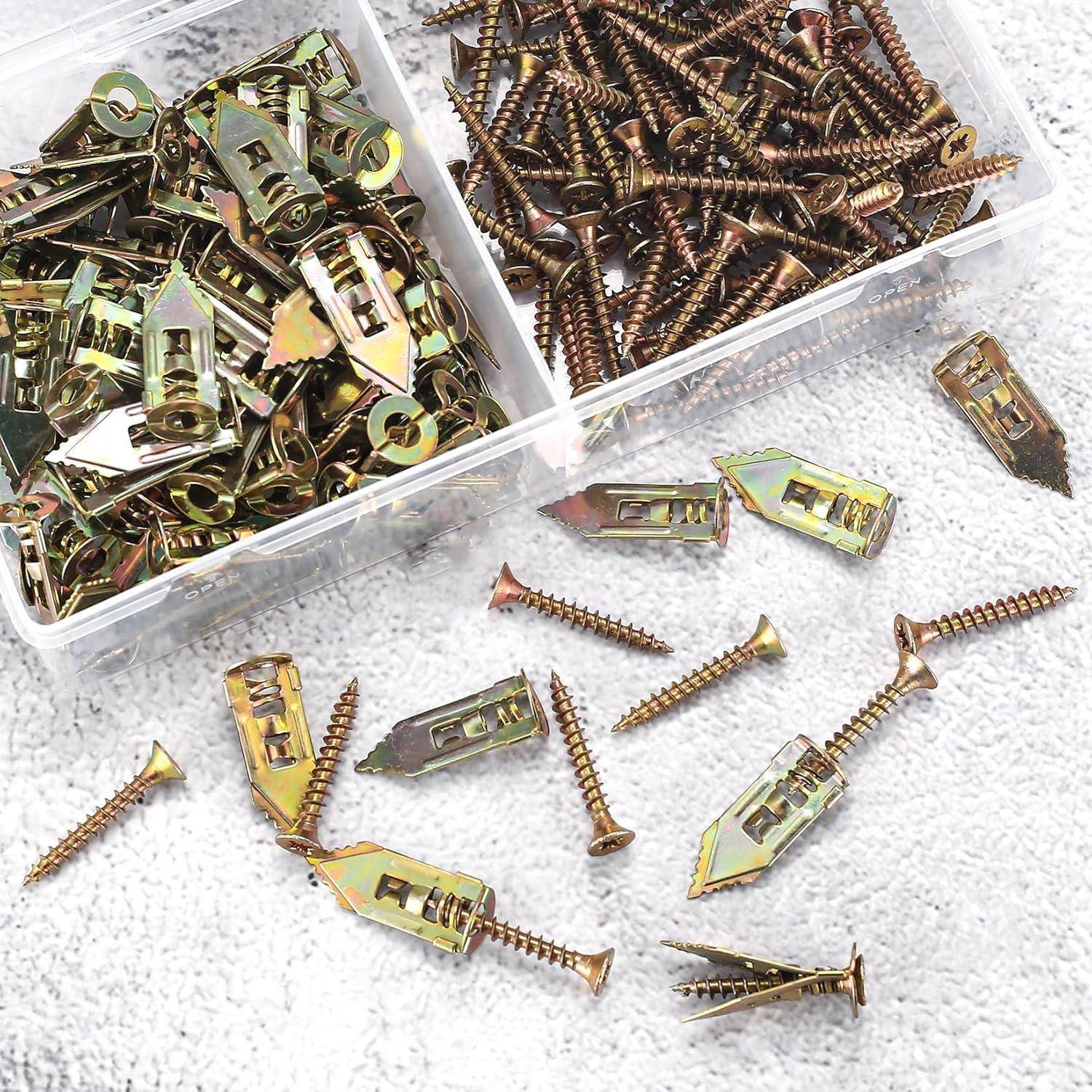 Ein Plastikbehälter mit zwei Fächern: eines mit goldenen Wandankern und das andere mit Metallschrauben. Zusätzliche Anker und Schrauben sind auf einer strukturierten Oberfläche verstreut.