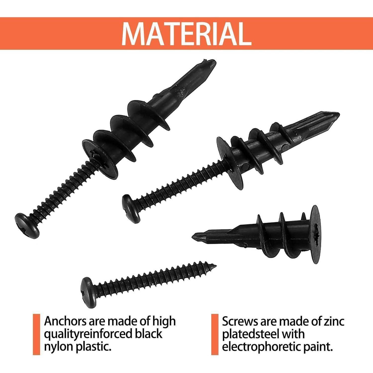 Material': Bild zeigt schwarze Nylon-Kunststoff-Dübel und verzinkte Stahlschrauben. Dübel verhindern Rotation. Schrauben passen in die Dübel.