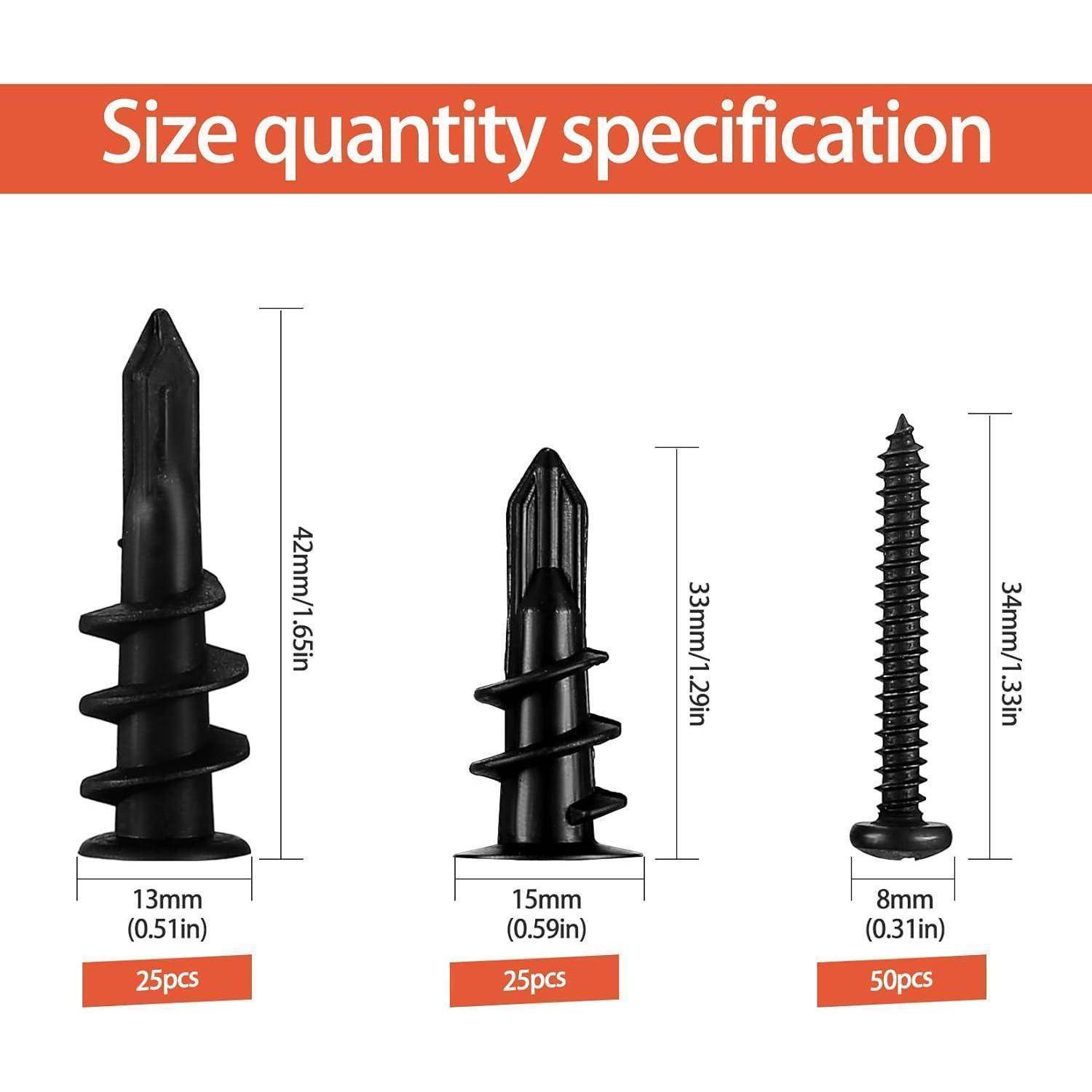 Bild mit drei verschiedenen Befestigungselementen mit Maßen und Mengen: 13mm-Befestiger (42mm, 25 Stück), 15mm-Befestiger (33mm, 25 Stück) und 8mm-Schraube (34mm, 50 Stück).