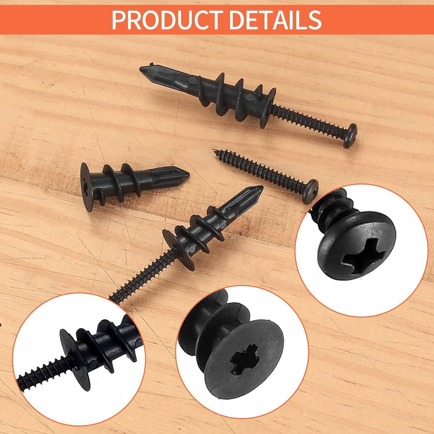 Produktdetails' Bild, das schwarze Schrauben auf einer Holzoberfläche zeigt, mit Detailaufnahmen, die die Schraubenköpfe und Gewinde hervorheben.