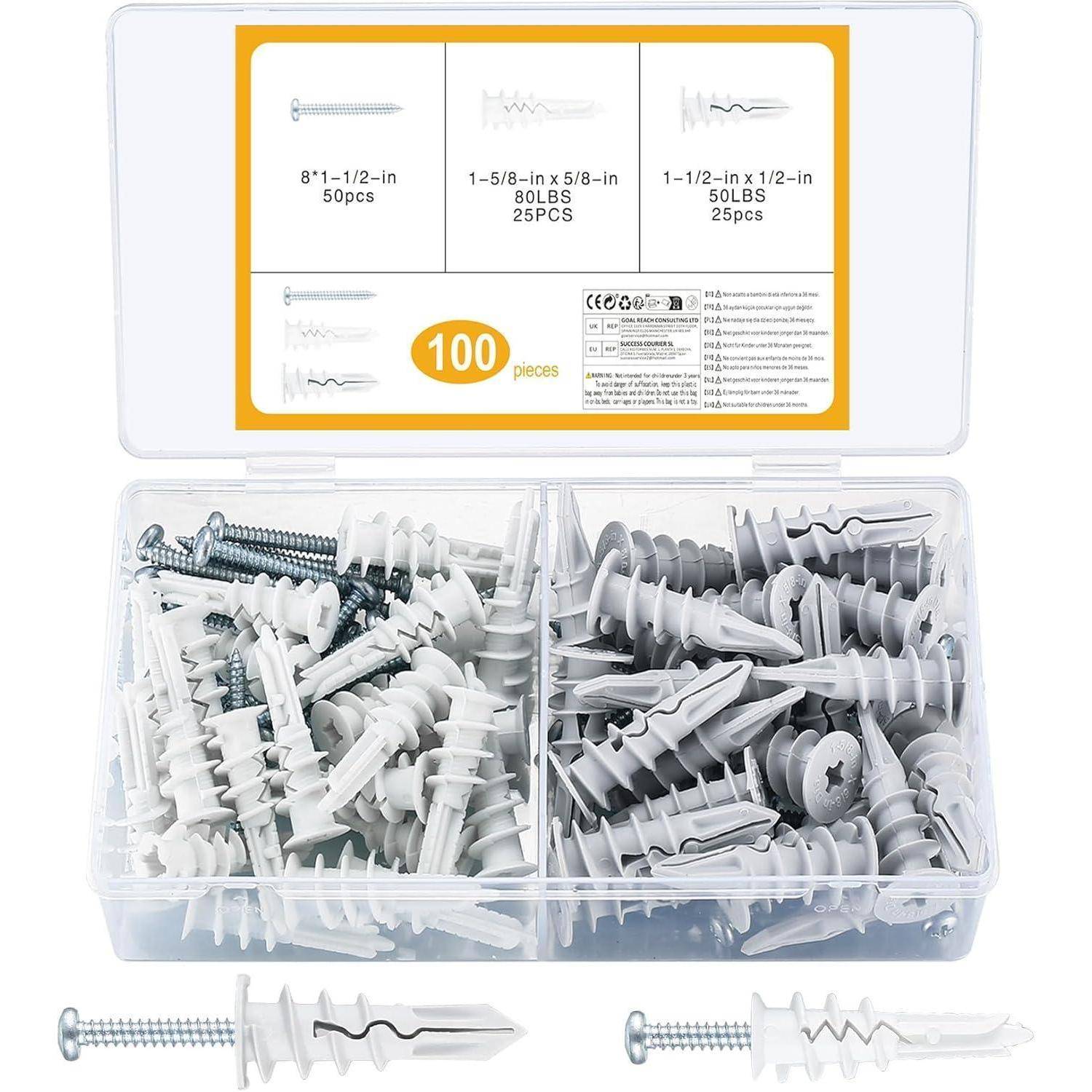 Eine transparente Plastikbox enthält 100 Dübel und Schrauben in verschiedenen Größen, einschließlich 8 x 1-1/2 Zoll, 1-5/8 x 5/8 Zoll und 1-1/2 x 1/2 Zoll.