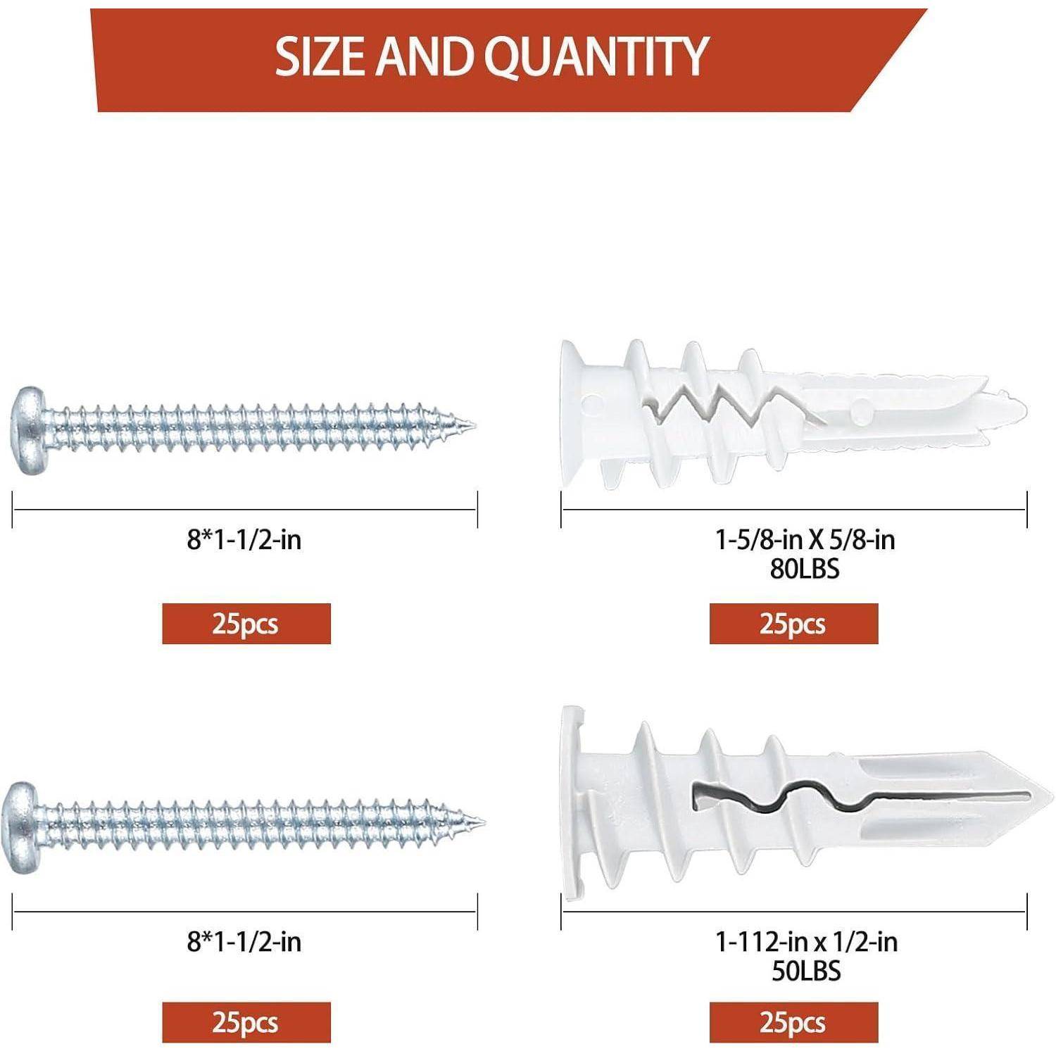 Das Bild zeigt Schrauben und Dübel mit Details: '8*1-1/2 Zoll, 25 Stück' und '1-5/8 Zoll x 5/8 Zoll, 80 lbs, 25 Stück'; '8*1-1/2 Zoll, 25 Stück' und '1-1/2 Zoll x 1/2 Zoll, 50 lbs, 112 Stück.
