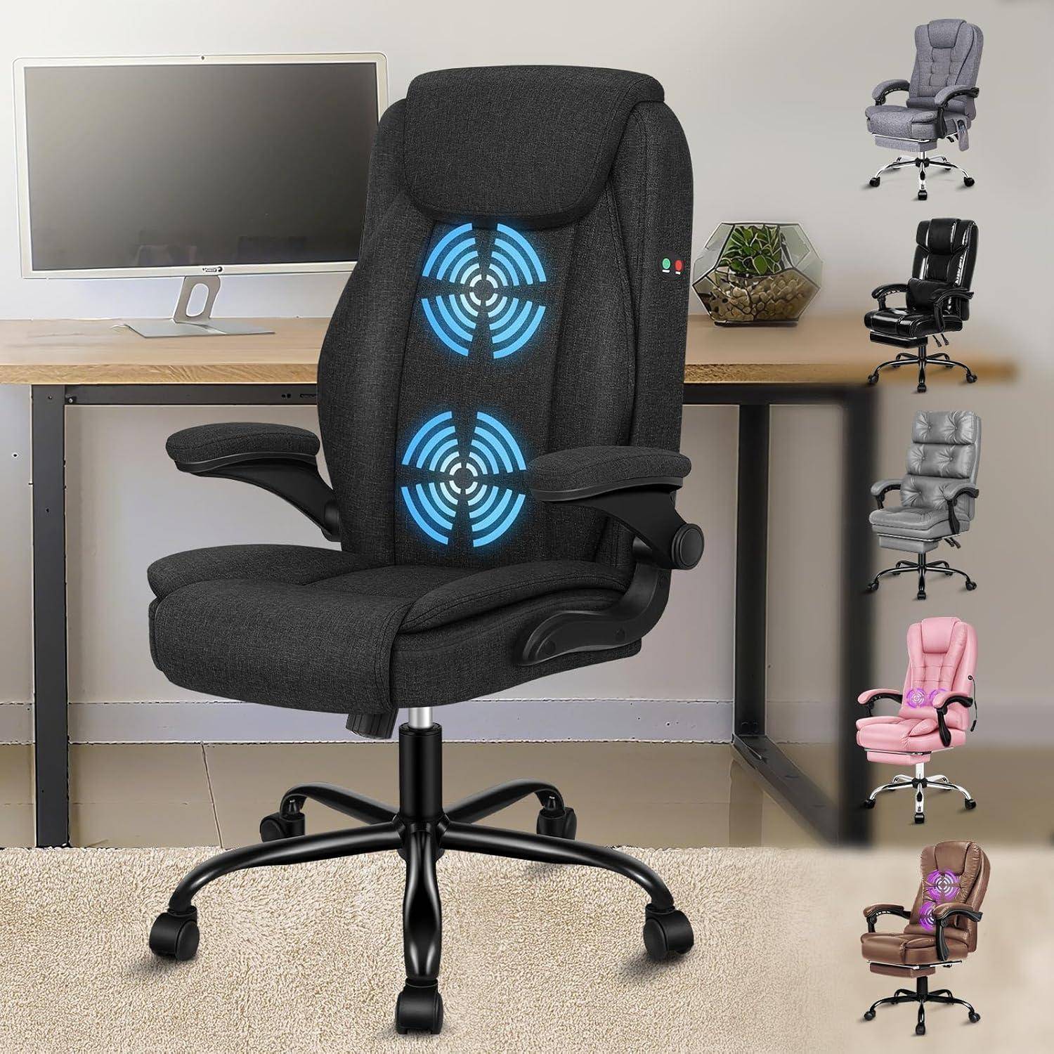 Ergonomischer Bürostuhl mit integrierten Kühlventilatoren, verstellbaren Armlehnen und Lendenwirbelstütze vor einem Schreibtisch mit Computermonitor.