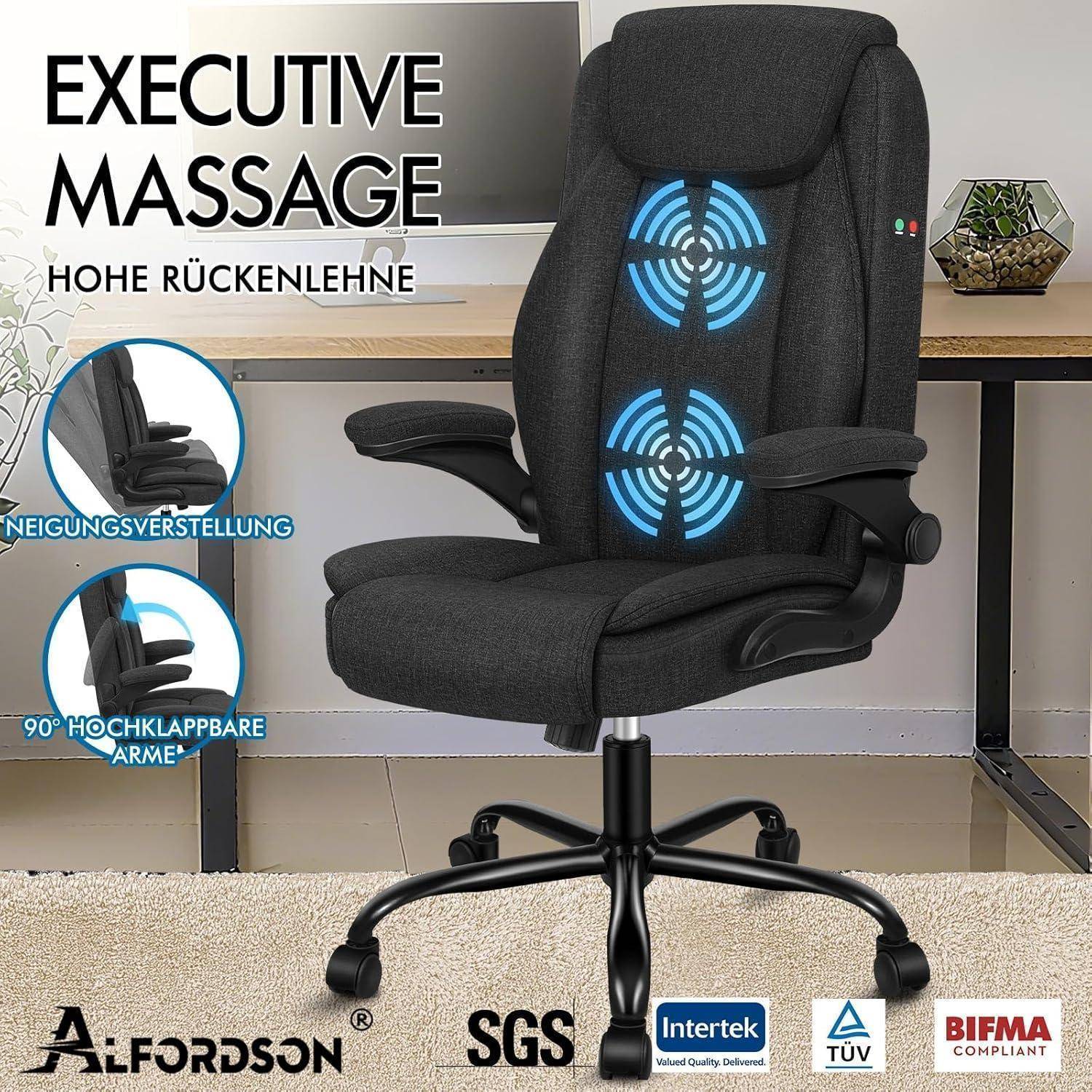 Executive-Massagesessel mit hoher Rückenlehne, verstellbarer Neigung, klappbaren Armlehnen und hervorgehobenen Massageknoten auf dem Rückenteil.