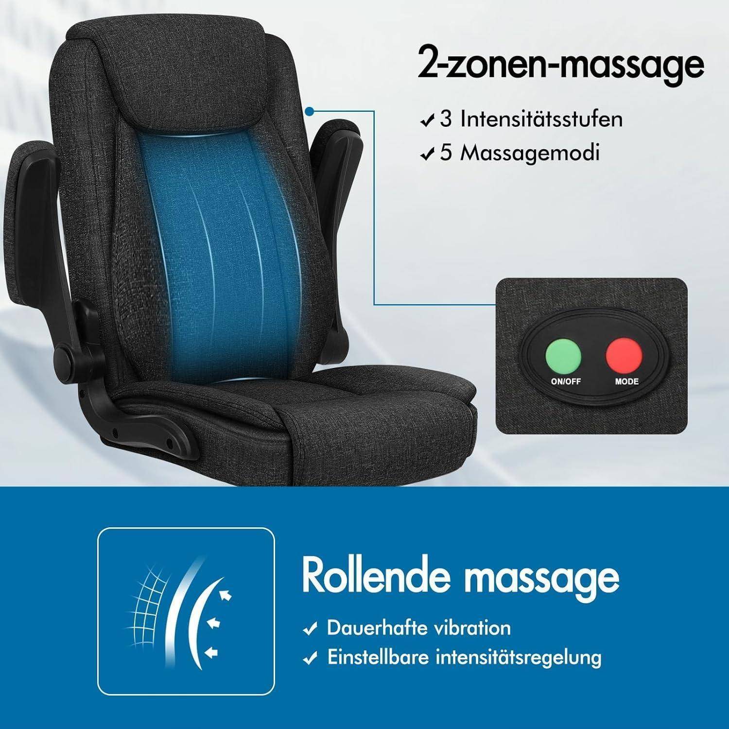 Dunkler Bürostuhl mit blauem Rückenlehneneinsatz, bietet 2-Zonen-Massage mit 3 Intensitätsstufen und 5 Massagemodi. Bedienfeld mit rotem Ein-/Aus-Schalter und grüner Modustaste.