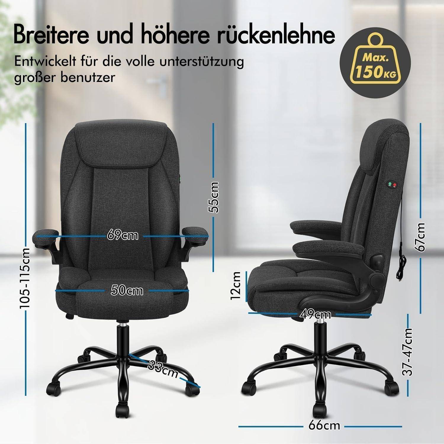 Bürostuhl in dunklem Stoff, mit Maßangaben: Höhe 105-115 cm, Sitzbreite 50 cm, Tiefe 46 cm, Armlehnen-Höhe 37-47 cm. Maximale Belastung 150 kg.