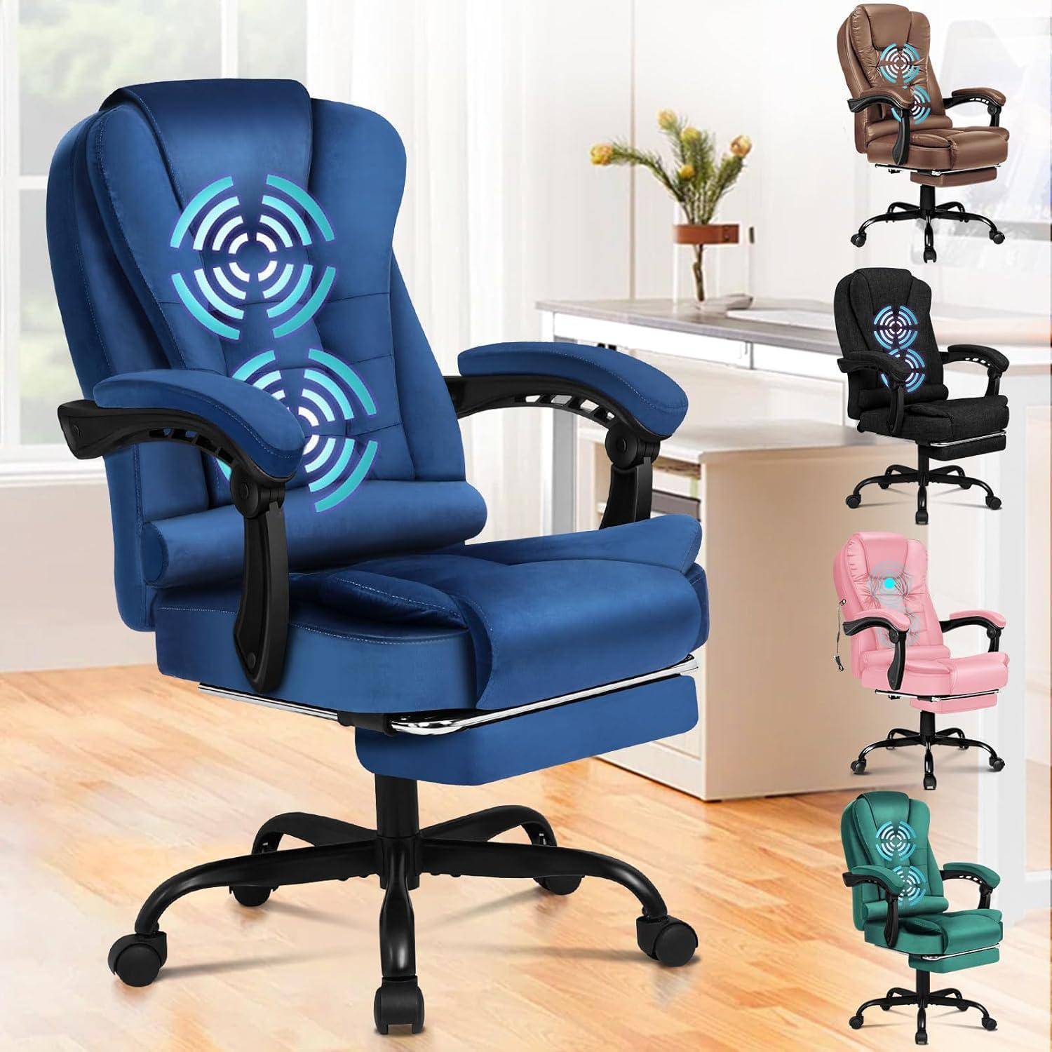 Ein blauer ergonomischer Bürostuhl mit Massagefunktion, dargestellt mit anderen Farboptionen.
