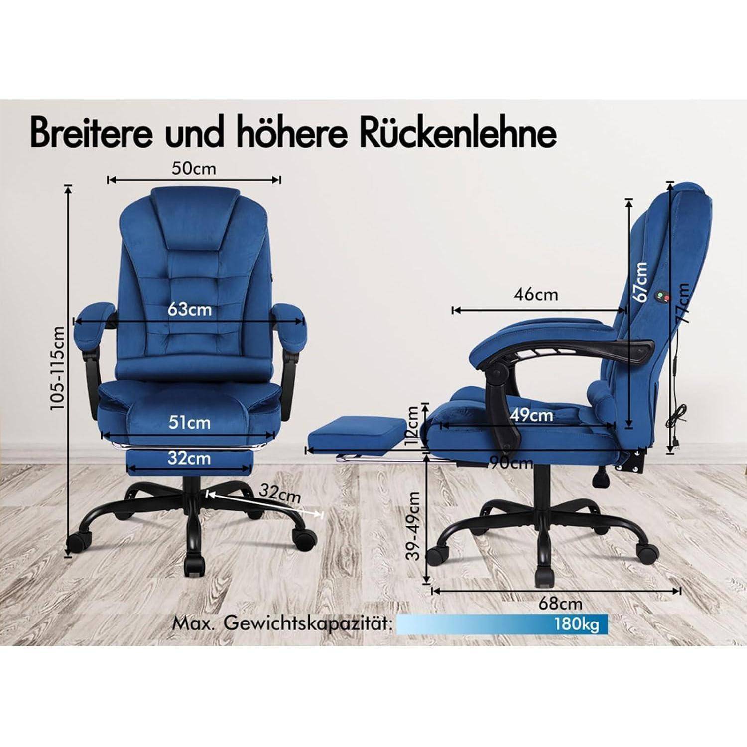 Blauer Bürostuhl mit hoher Rückenlehne und verstellbaren Funktionen. Abmessungen: 51 cm Sitzttiefe, 63 cm Rückenbreite. Maximale Belastbarkeit: 180 kg.