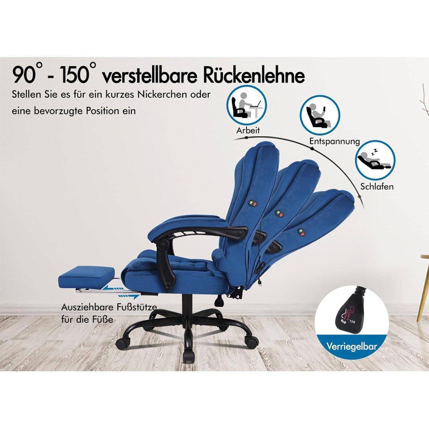 Verstellbarer Relaxsessel mit Winkeleinstellungen von 90°-150° für Arbeit, Entspannung oder Schlaf. Ausgestattet mit Fußstütze und sicherem Arretierungsmechanismus.