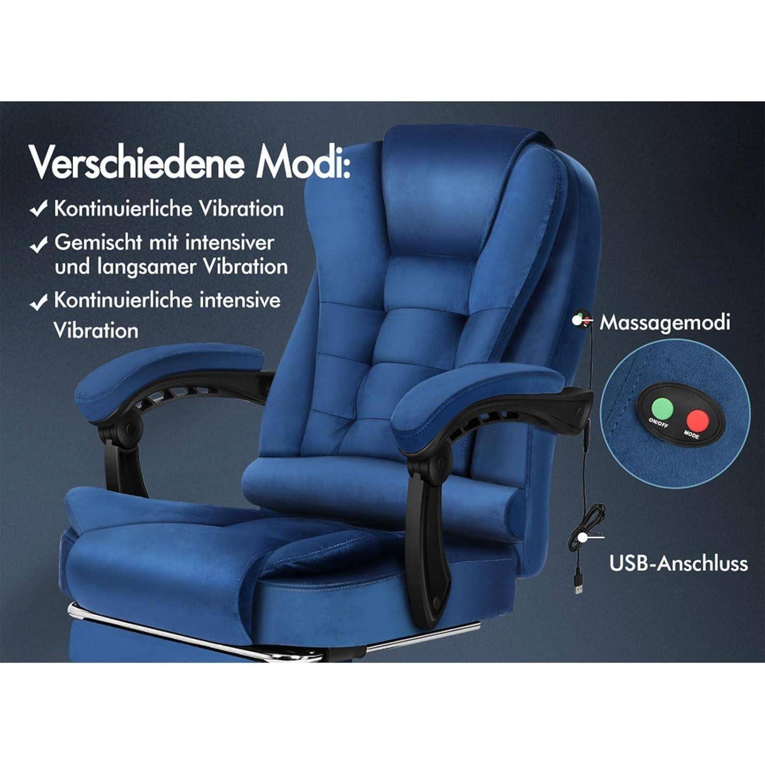 Blauer Massagesessel mit drei Vibrationsmodi: kontinuierlich, gemischt und intensive Vibration. Inklusive einer Taste für den Massagemodus und USB-Anschluss.