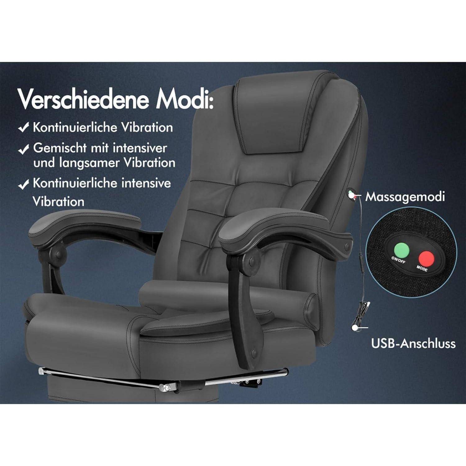 Ein schwarzer Massagesessel mit Armlehnen und integrierten Massagemodi, in deutscher Beschriftung angezeigt. Tasten am Bedienfeld für verschiedene Vibrationsstufen. USB-Anschluss sichtbar.
