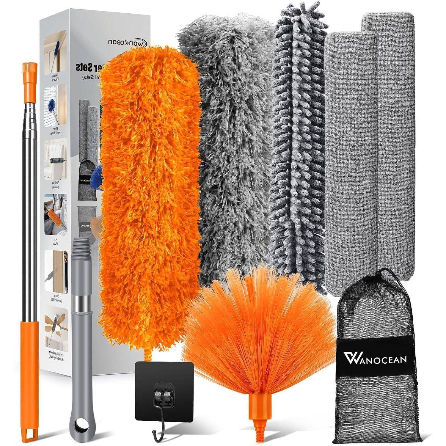 Reinigungsset mit ausziehbarem Griff, mehreren Staubwedel-Aufsätzen in Orange und Grau, ideal zum Erreichen hoher Oberflächen. Inkludiert Aufbewahrungstasche.