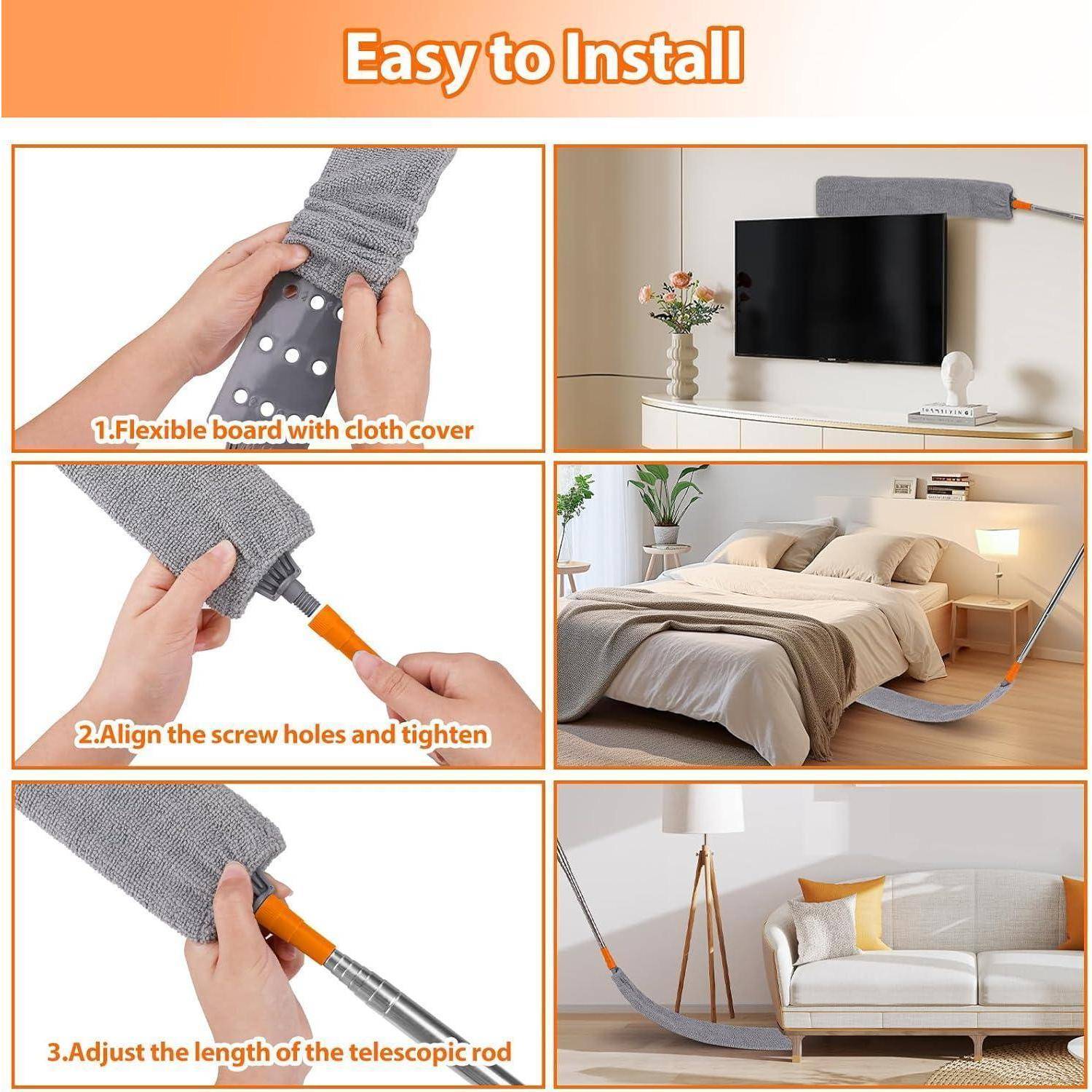 Das Bild bietet eine Schritt-für-Schritt-Anleitung zur Installation eines flexiblen Staubwedels. Es zeigt das Einstellen der Stange, das Ausrichten der Schrauben und die Verwendung auf verschiedenen Oberflächen wie Fernseher, Bett und Sofa.