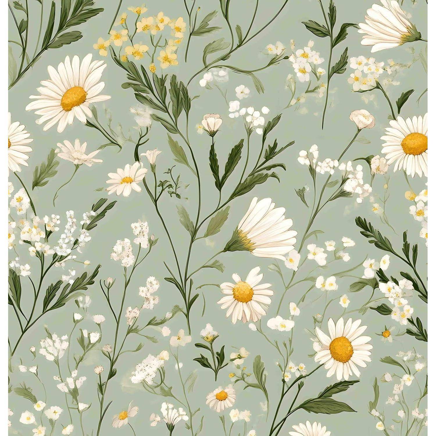 Ein Muster aus weißen Gänseblümchen und gelben Blumen mit grünen Stängeln und Blättern auf einem hellgrünen Hintergrund.