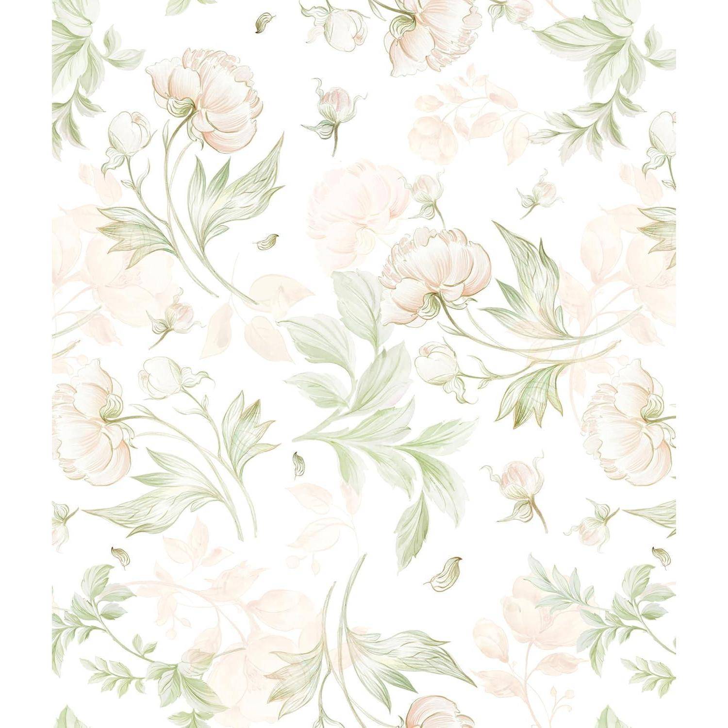 Zartes Pastellblumenmuster mit rosa Pfingstrosen und grünen Blättern auf weißem Hintergrund, das ein weiches, elegantes Design erzeugt.