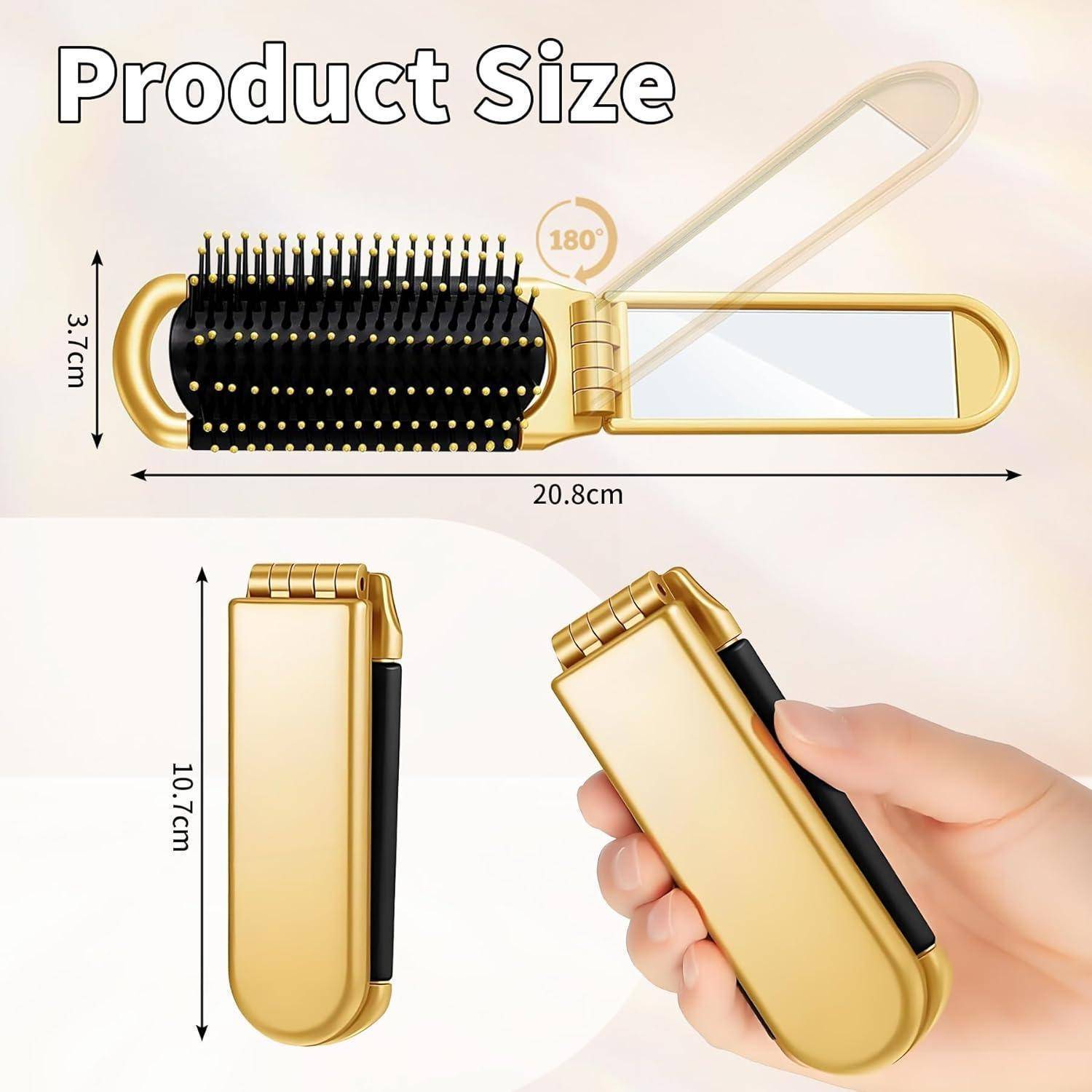 Goldene Klappkamm mit Spiegel, Abmessungen wie gezeigt: 20,8 cm geöffnet und 10,7 cm zusammengeklappt. Eine Hand hält den zusammengeklappten Kamm.