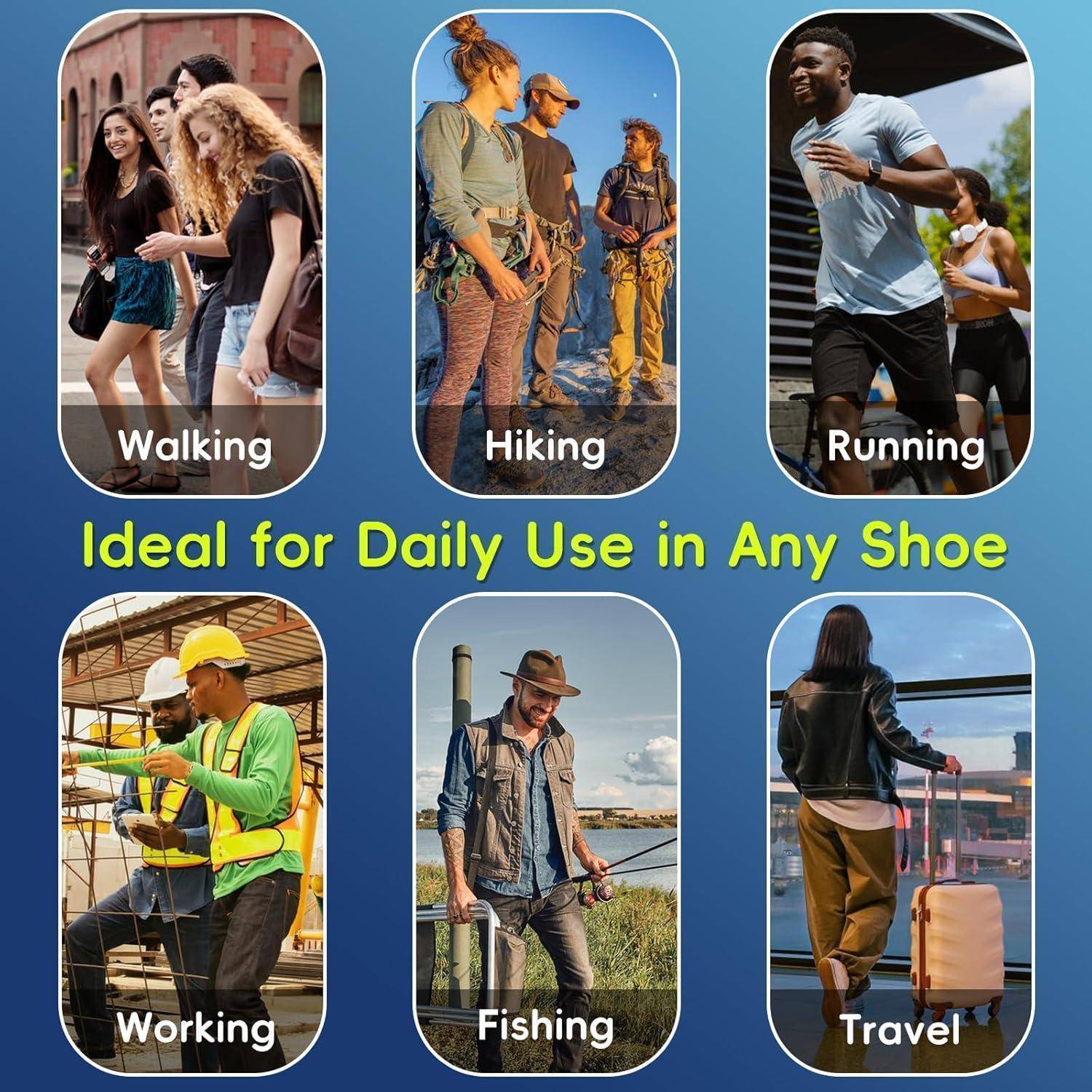 "Ideal für den täglichen Gebrauch in jedem Schuh" mit Bildern, die Menschen beim Gehen, Wandern, Laufen, Arbeiten, Angeln und Reisen zeigen.