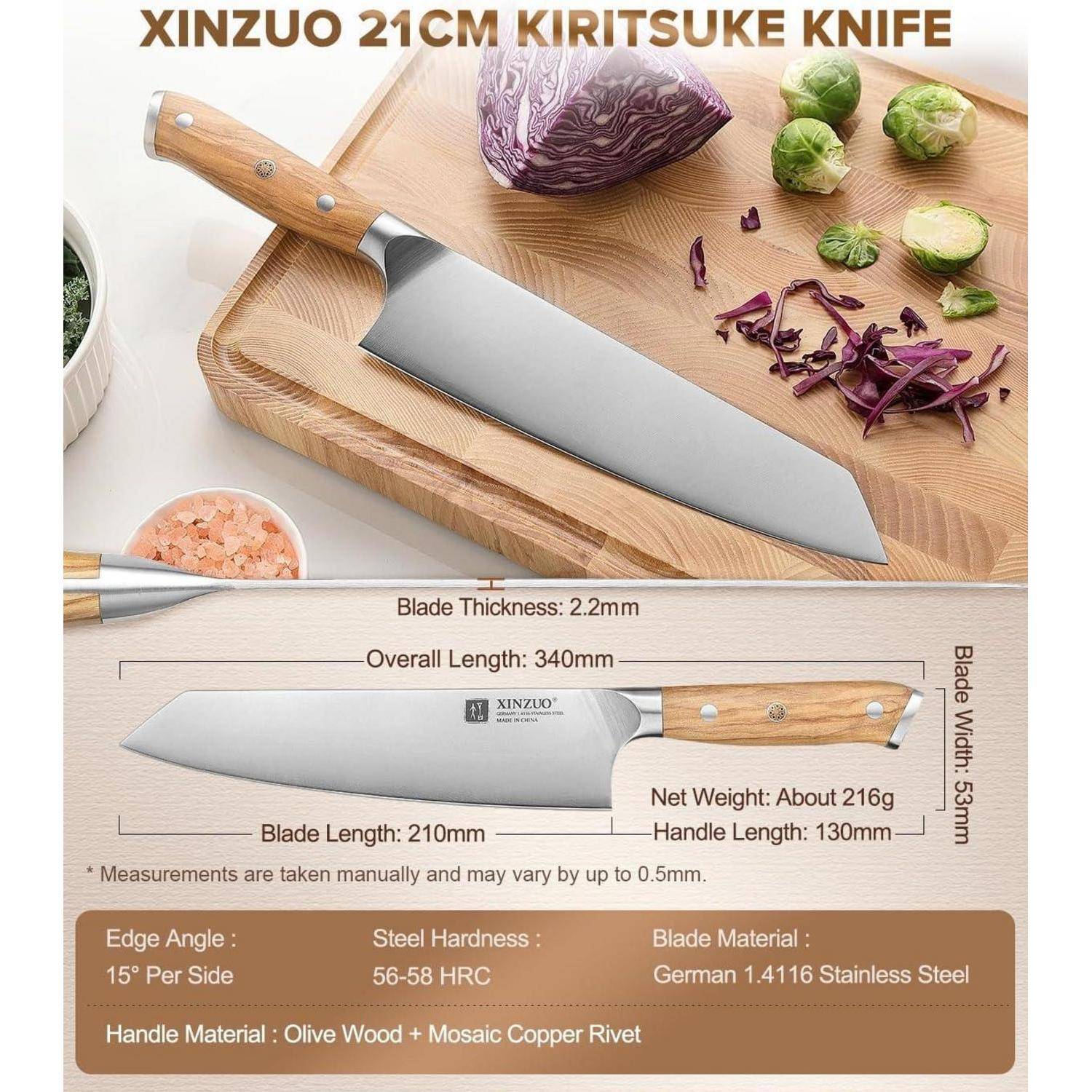 Bild eines 'Xinzuo 21 cm Kiritsuke Messers', das die Klingendimensionen, Materialien und Spezifikationen präsentiert. Zu den Hauptmerkmalen gehören der Olivenholzgriff und der 15°-Kantenwinkel.