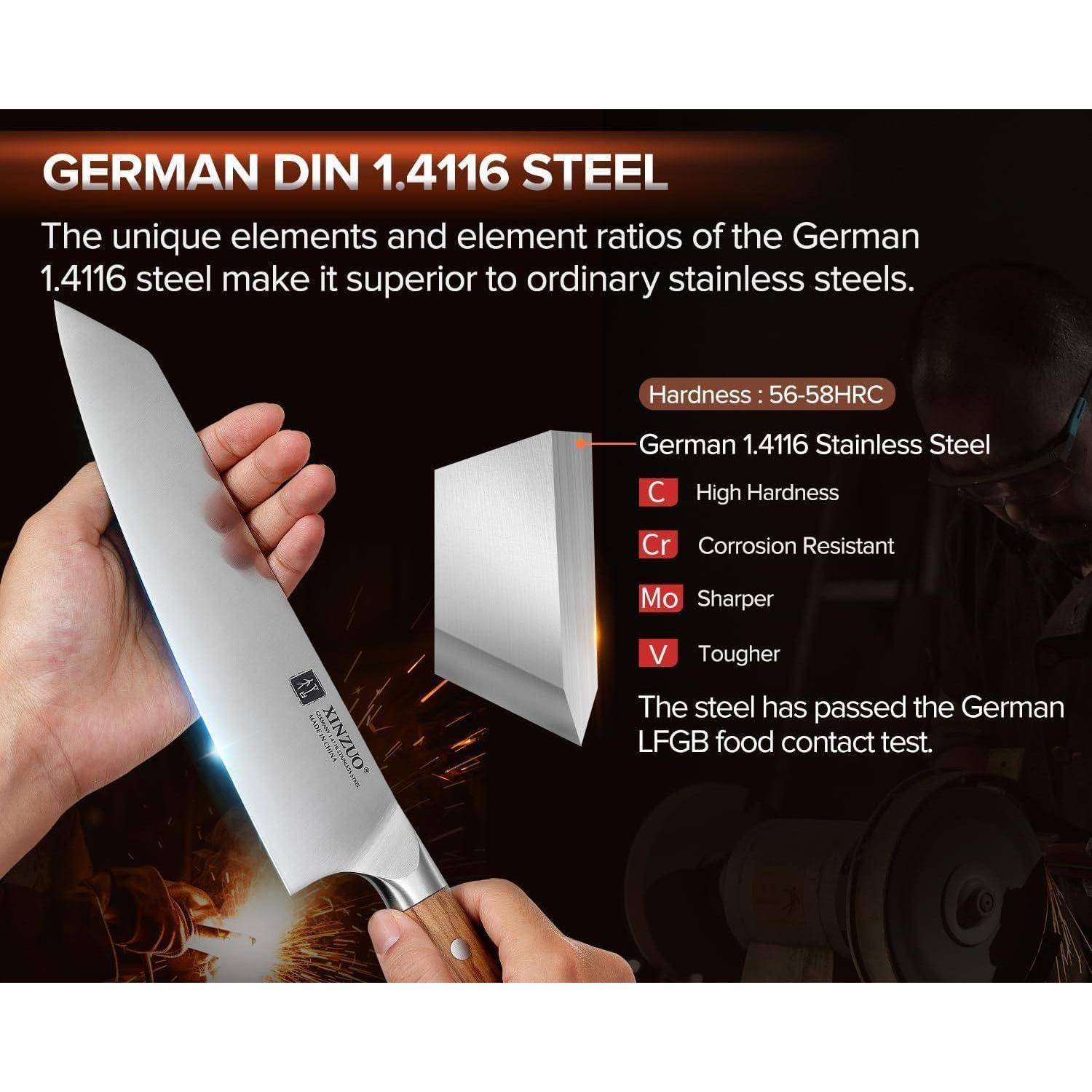 Messer aus deutschem DIN 1.4116 Stahl; zeichnet sich durch Schärfe, Zähigkeit und Korrosionsbeständigkeit aus; bestand den deutschen LFGB-Produkttest.