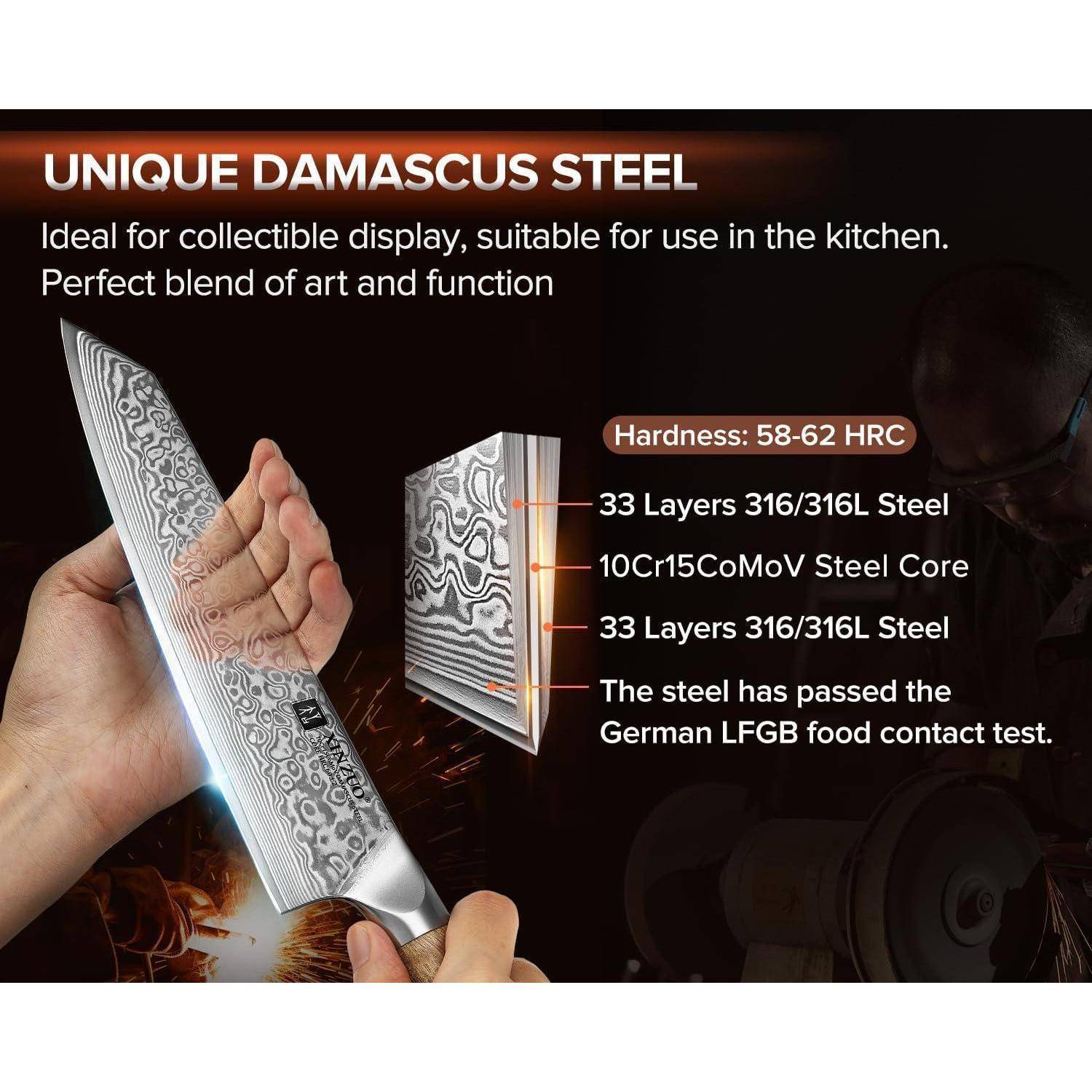 Eine Hand, die ein Damaszener Messer mit dekorativen Mustern hält. Text hebt 67 Stahlschichten, Härte 58-62 HRC und Lebensmitteltauglichkeit hervor.