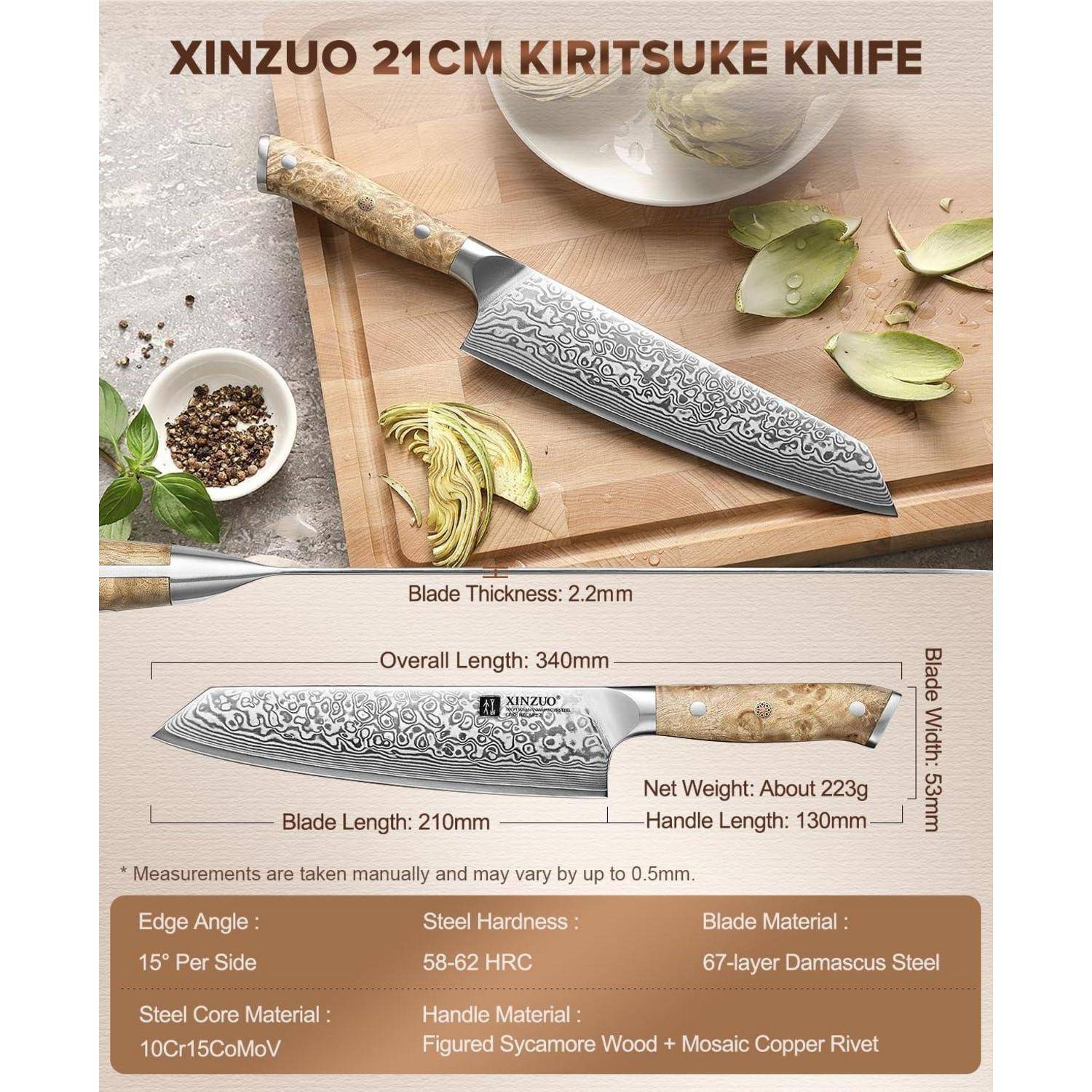 XINZUO 21cm Kiritsuke Messer' Details: Klingenstärke 2,2 mm, Gesamtlänge 340 mm, Grifflänge 130 mm, Nettogewicht 223 g, 67-lagiger Damaszener-Stahl.