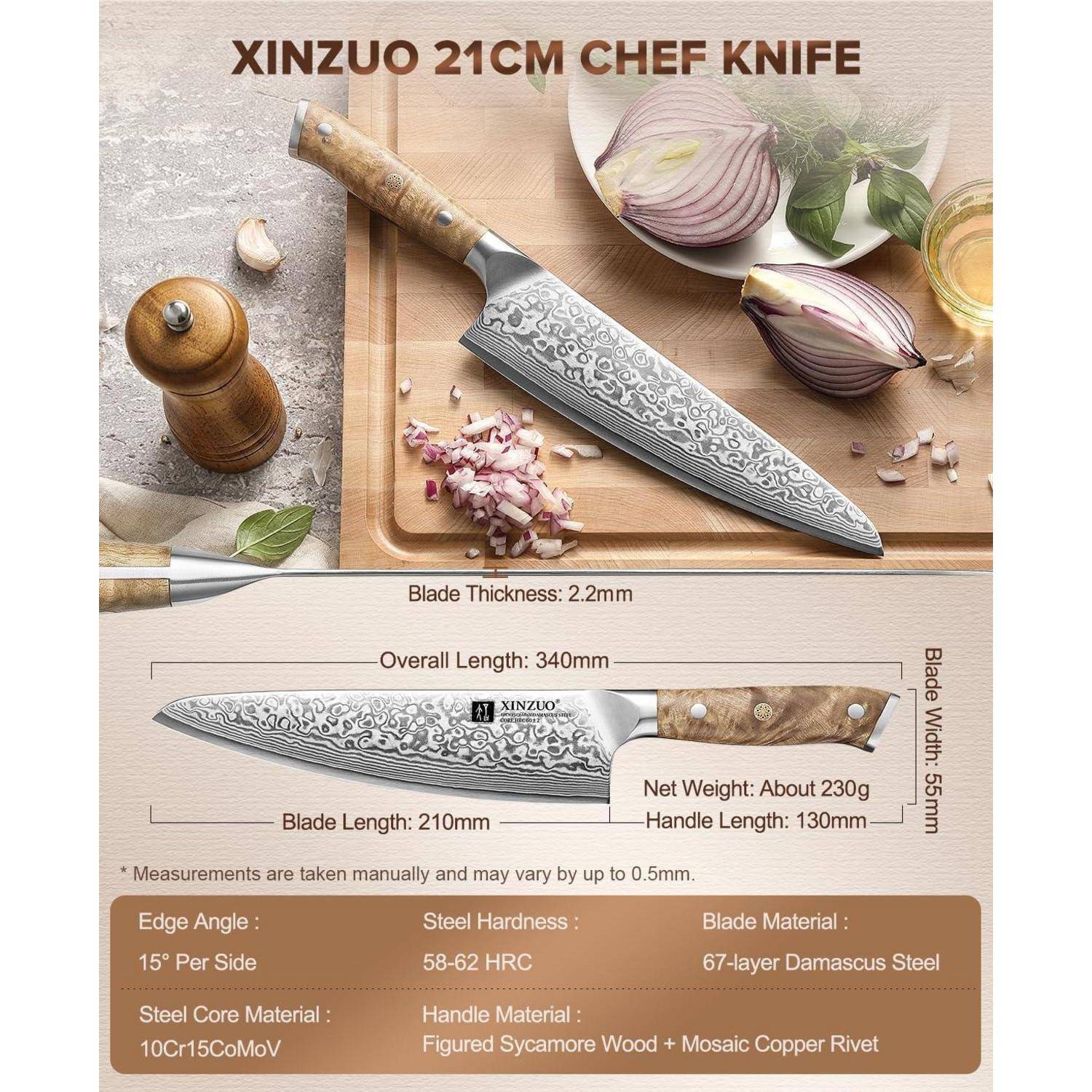 Das Bild zeigt ein 21 cm Kochmesser von XINZUO mit einer detaillierten Klinge und einem Holzgriff, zusammen mit Spezifikationen und Maßangaben.