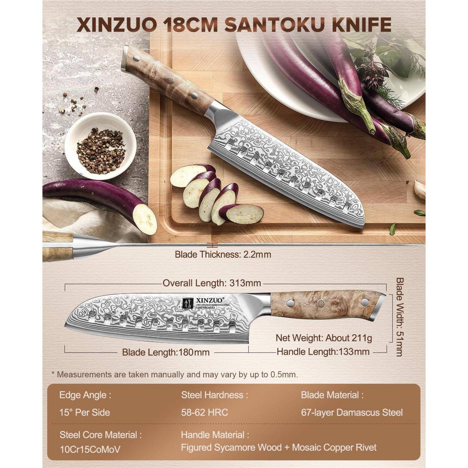 XINZUO 18cm Santoku-Messer' Bild zeigt ein detailliertes Messer mit Spezifikationen: Klingenstärke 2,2 mm, Gesamtlänge 313 mm und Gewicht 211 g. Merkmale sind 67-lagiger Damaszenerstahl und Ahornholzgriff.