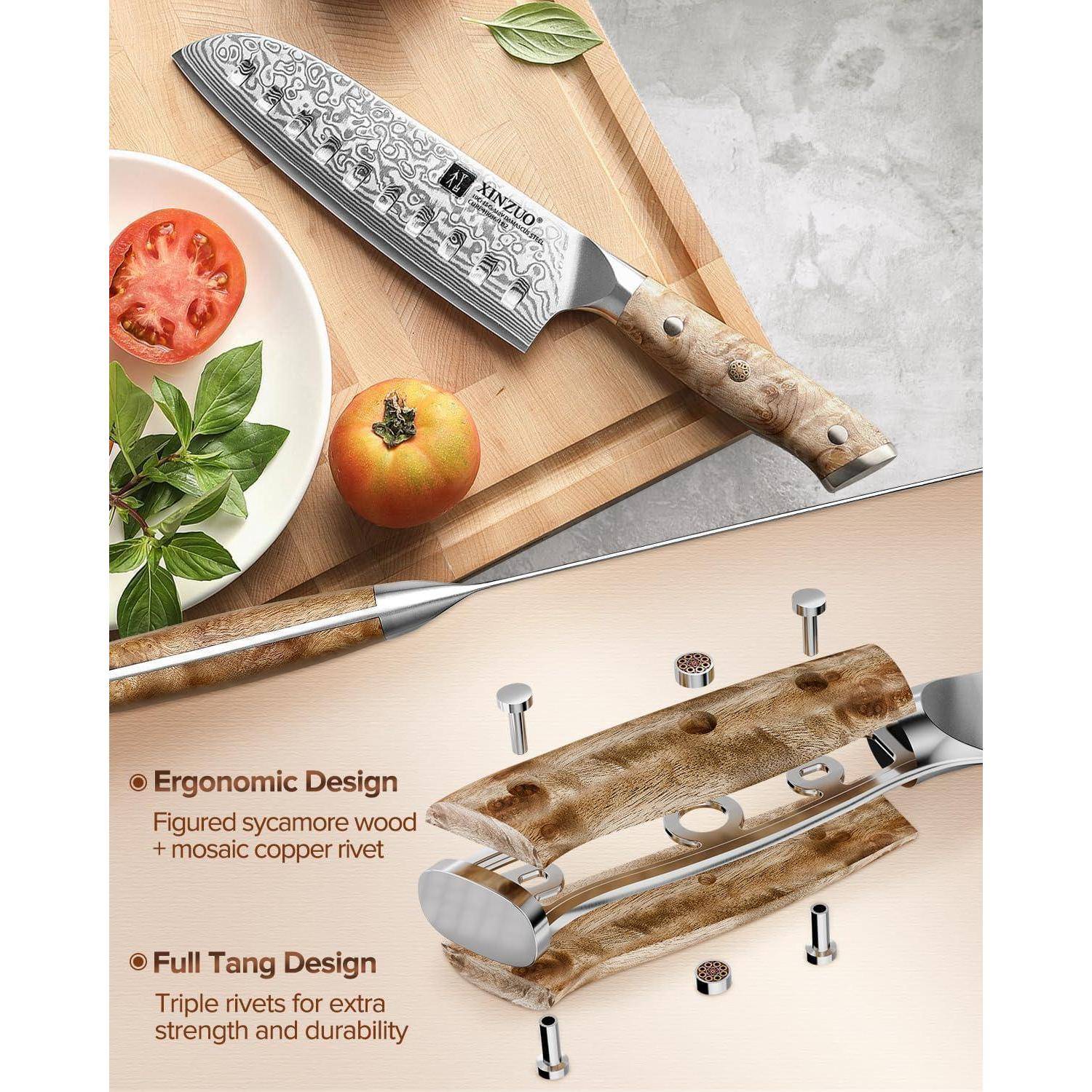 Ein Messer mit eingravierter Klinge und Griff aus Platanoholz. Ausgestattet mit ergonomischem Design und Vollgrifftechnik mit Mosaik-Kupferniete.