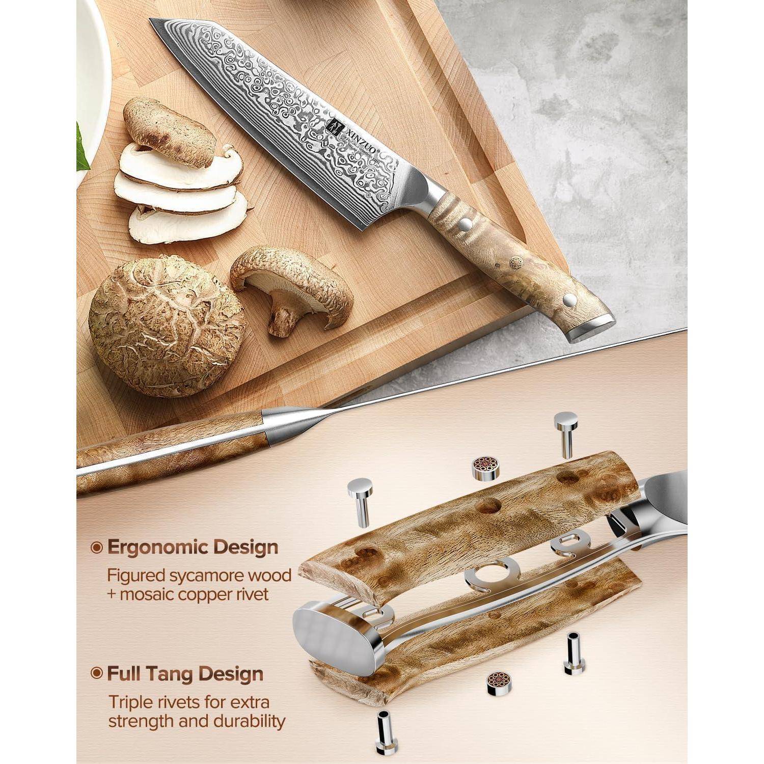 Ein Messer auf einem Schneidebrett mit Pilzen. Der Text hebt ein ergonomisches Design, Vollleibigkeit und Nieten zur Stärke und Haltbarkeit hervor.