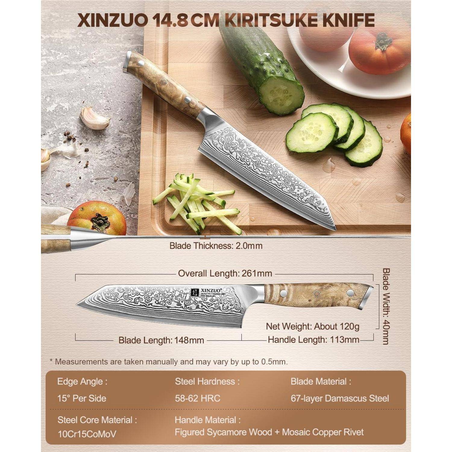 Xinzuo 14,8 cm Kiritsuke Messer mit gemusterter Klinge, Holzgriff. Hauptmerkmale: 2,0 mm Dicke, 261 mm Länge, 40 mm Breite.