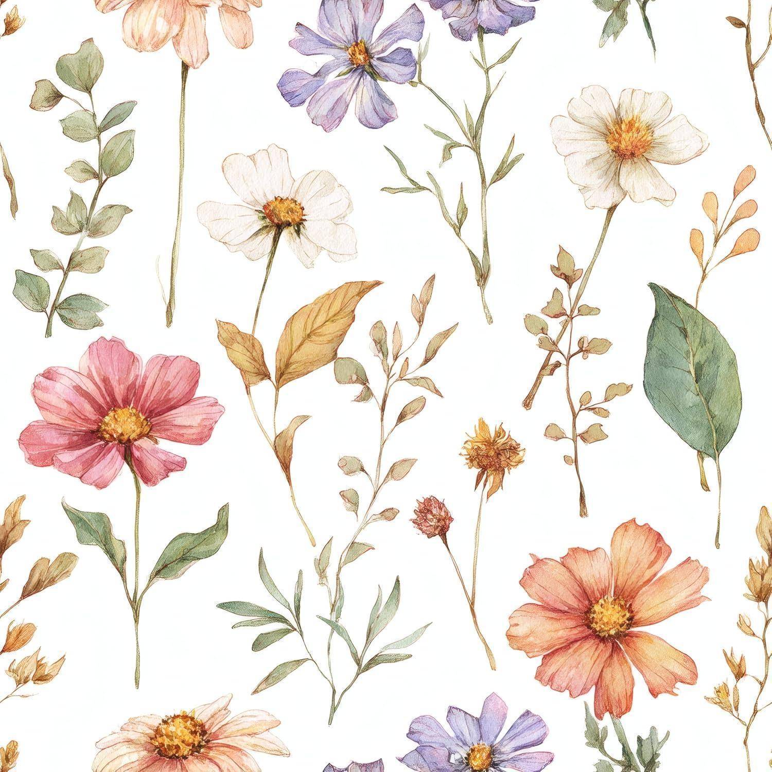 Aquarell-Illustration verschiedener Wildblumen und Blätter, zufällig auf einem weißen Hintergrund angeordnet, die unterschiedliche Farben und Formen präsentiert.